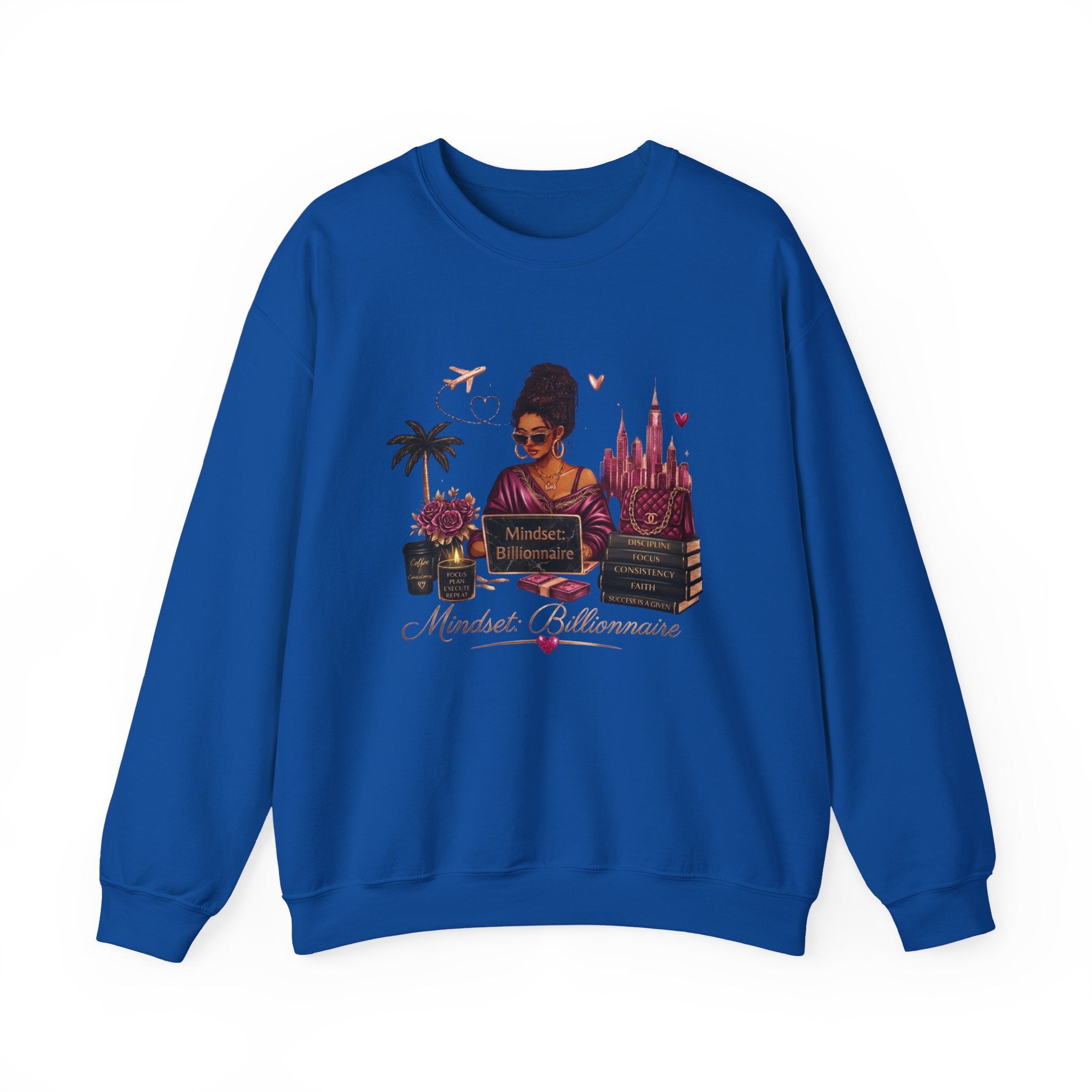 Crewneck Sweatshirt — Mindset Millionaire Graphic (Woman, Books & Travel)