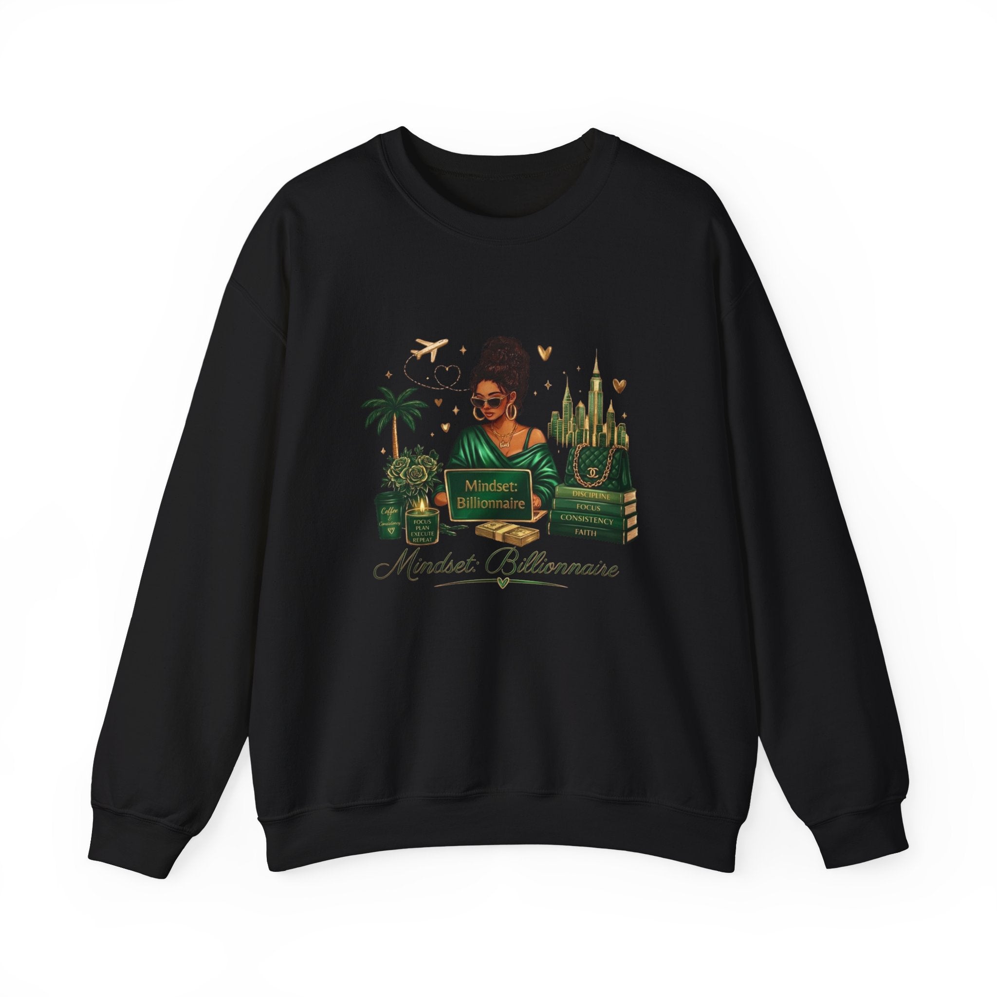 Crewneck Sweatshirt — Mindset Billionaire Graphic (Women Empowerment, Green Luxe)