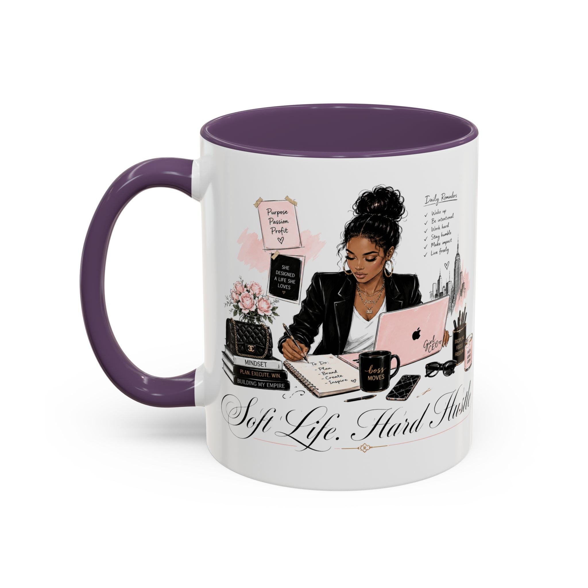 Soft Life, Hard Hustle Accent Coffee Mug – Pink & Black Motivational Office Gift