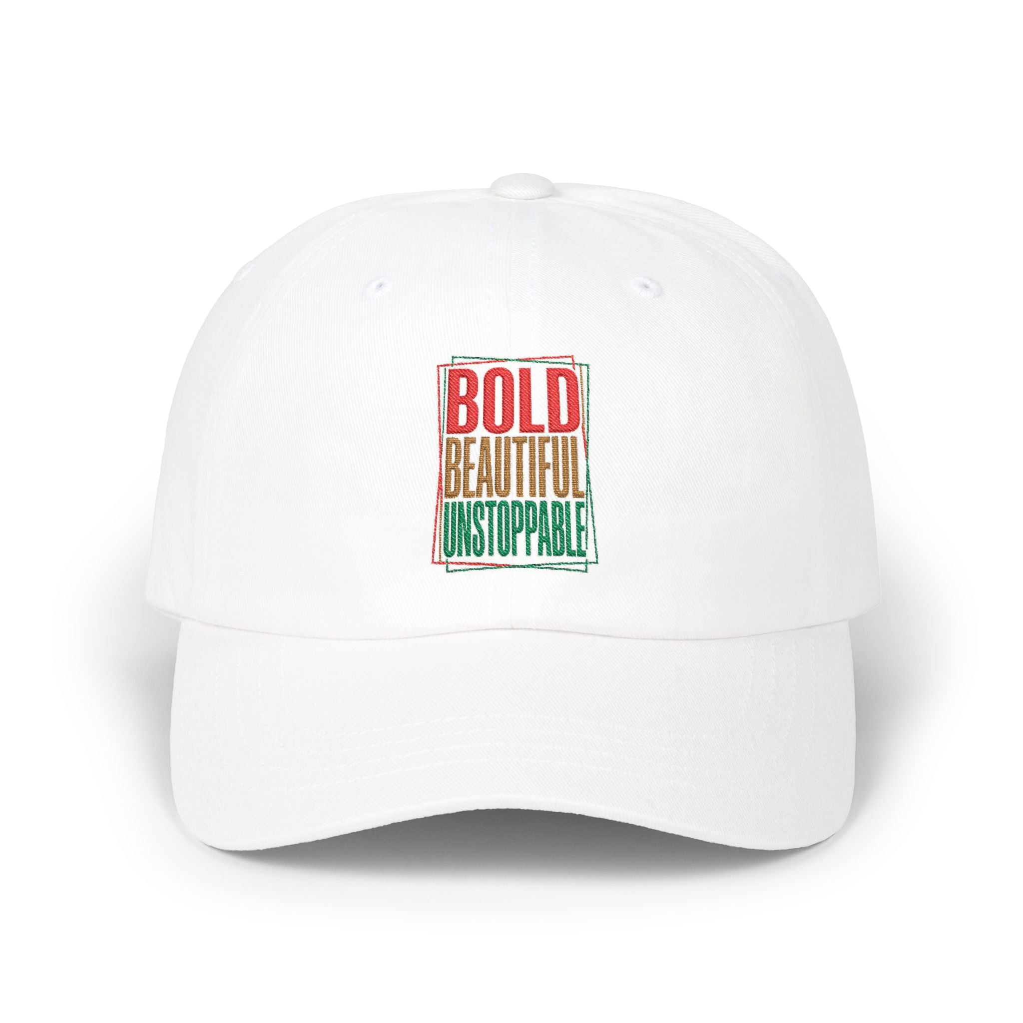 Dad Cap — "Bold, Beautiful, Unstoppable" Vintage Rasta Text Embroidered Hat