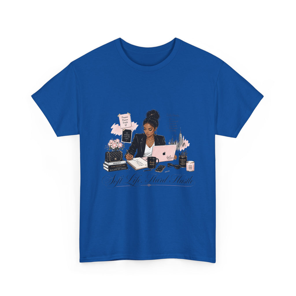 T-Shirt — Girl Boss Desk Art Tee (Soft Pink "Life. Less. Hustle" Design)