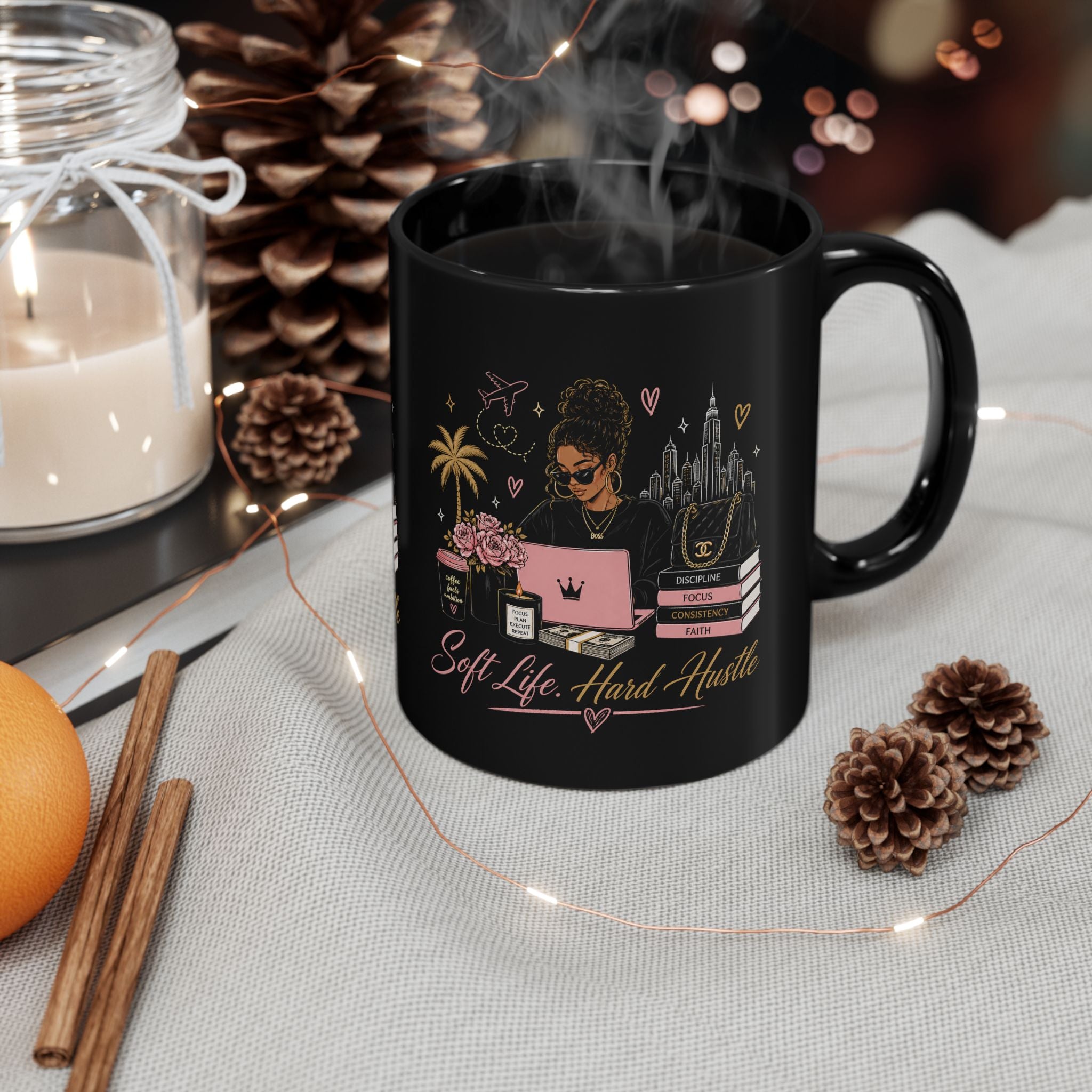 Soft Life, Hard Hustle Black Coffee Mug — Motivational Desk Mug for Women Entrepreneurs