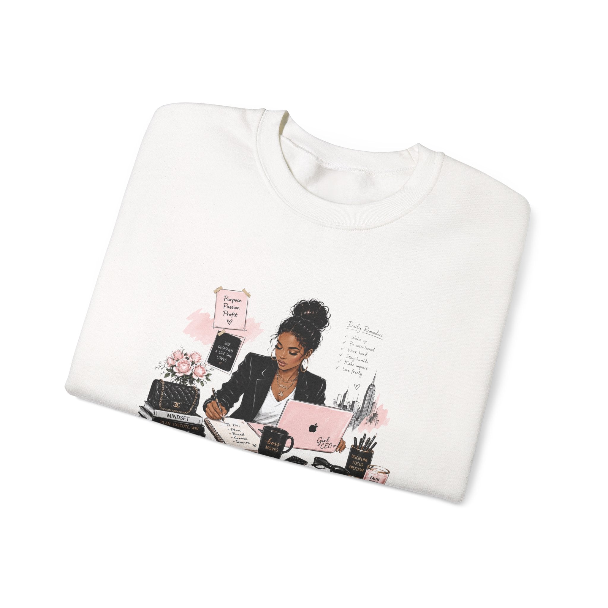 Crewneck Sweatshirt — Girl Boss Desk Illustration (“My Life, Mental Health”)