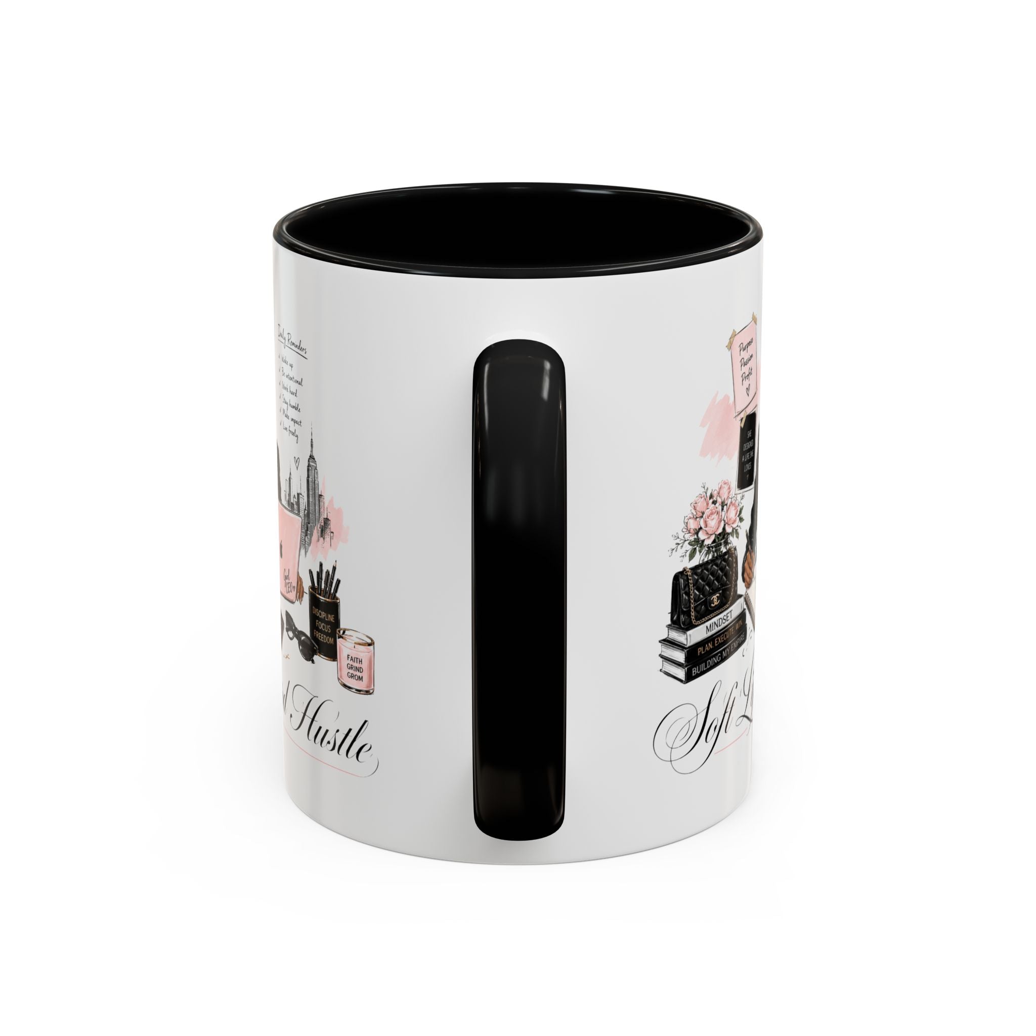 Soft Life, Hard Hustle Accent Coffee Mug – Pink & Black Motivational Office Gift