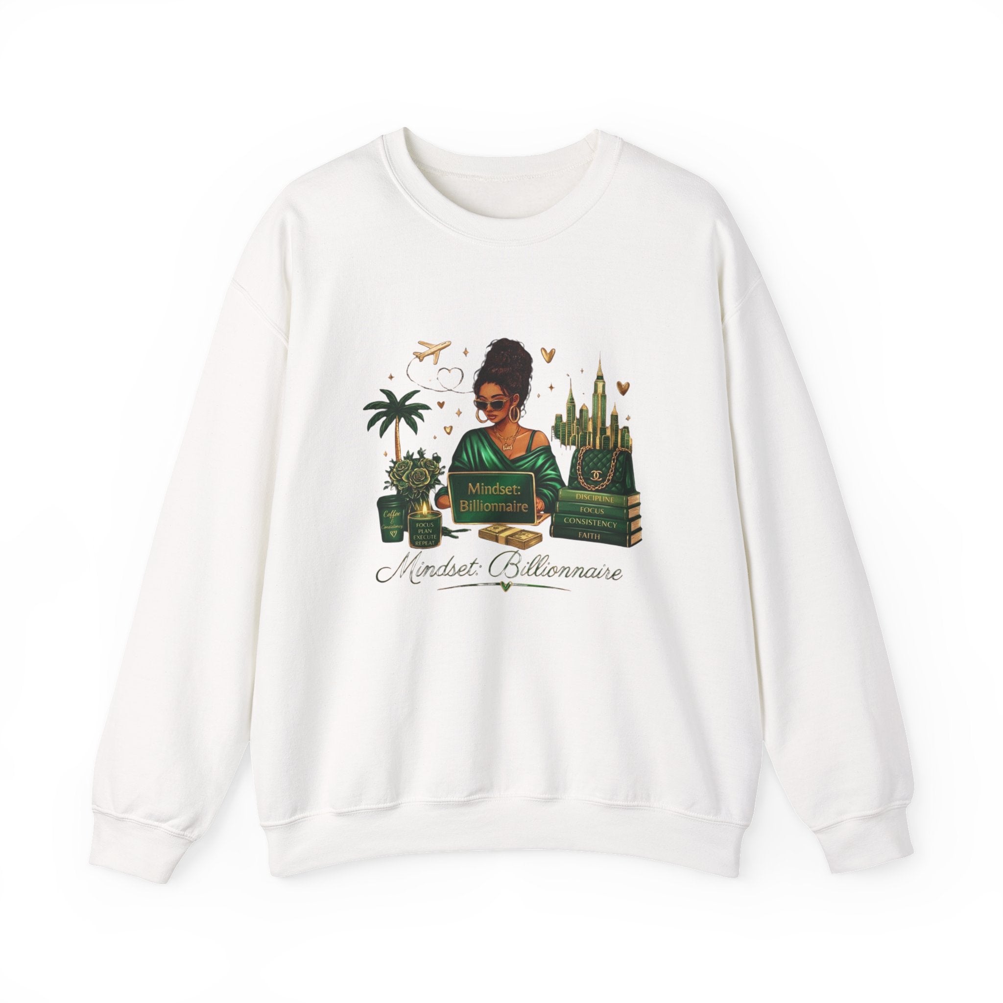 Crewneck Sweatshirt — Mindset Billionaire Graphic (Women Empowerment, Green Luxe)