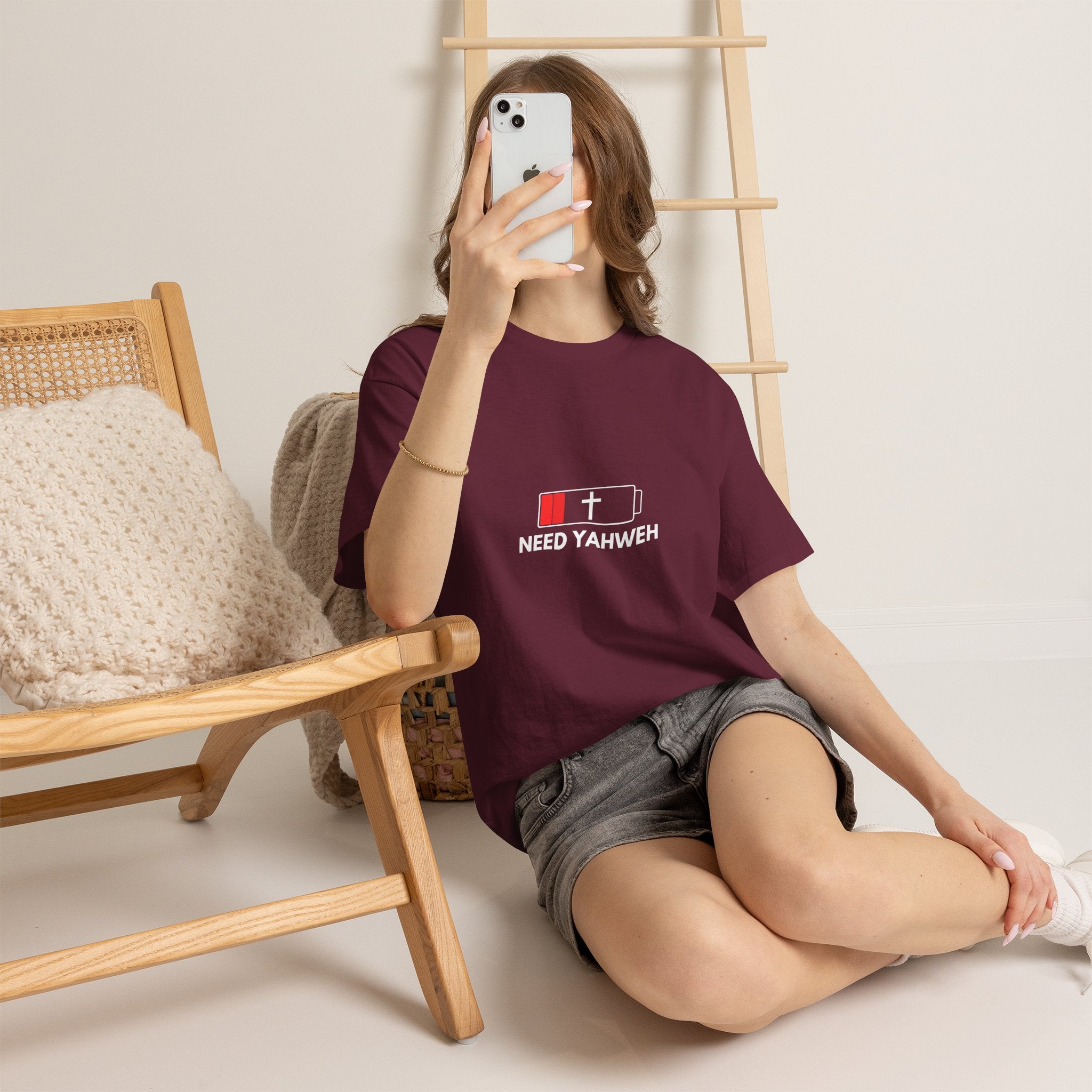 Christian T-Shirt - Low Battery Cross Design "Need Yahweh" Faith Tee