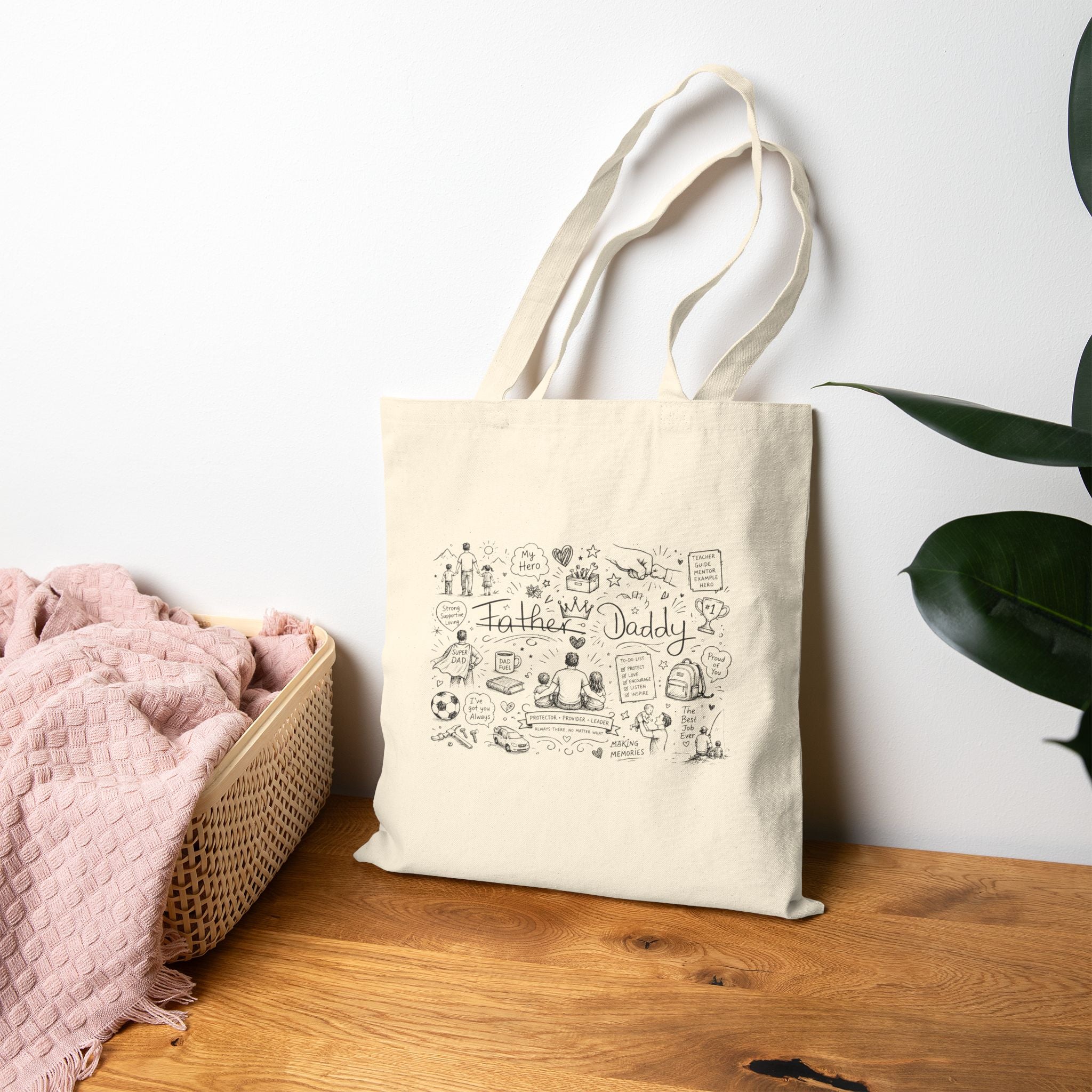 Tote Bag — Hand-Drawn Family Doodles "Father Daddy" Canvas Tote