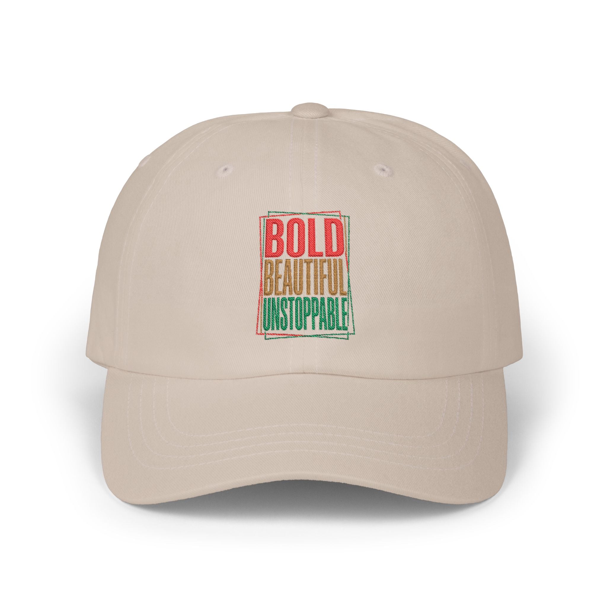 Dad Cap — "Bold, Beautiful, Unstoppable" Vintage Rasta Text Embroidered Hat