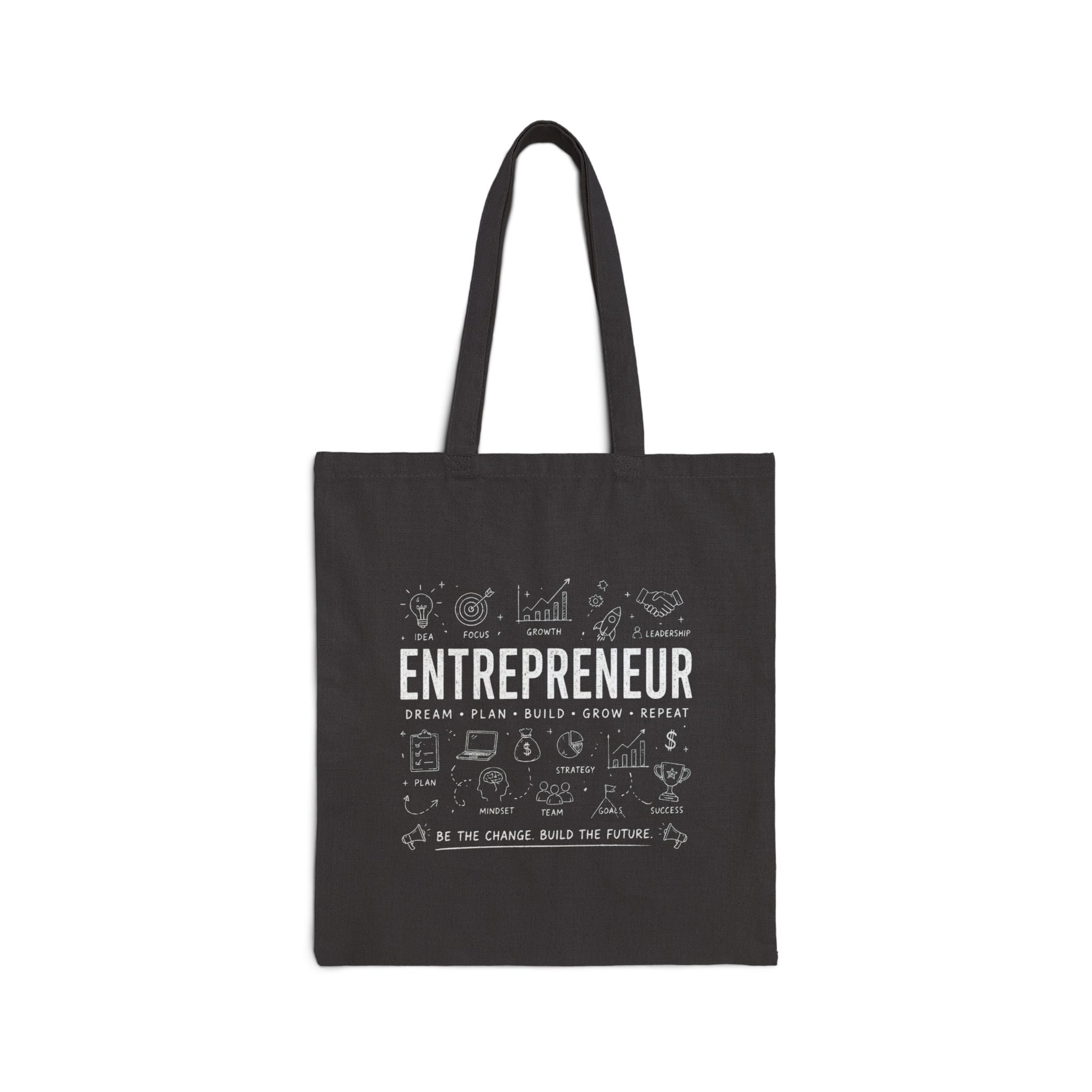 Entrepreneur Canvas Tote Bag — Motivational Business Icons "Dream Plan Build Grow Repeat"