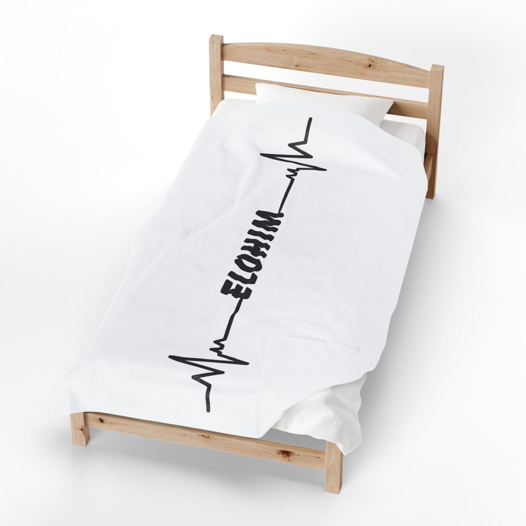 Velveteen Plush Blanket — Minimal 'ELOHIM' Heartbeat Design, Soft Cozy Throw for Home & Gift