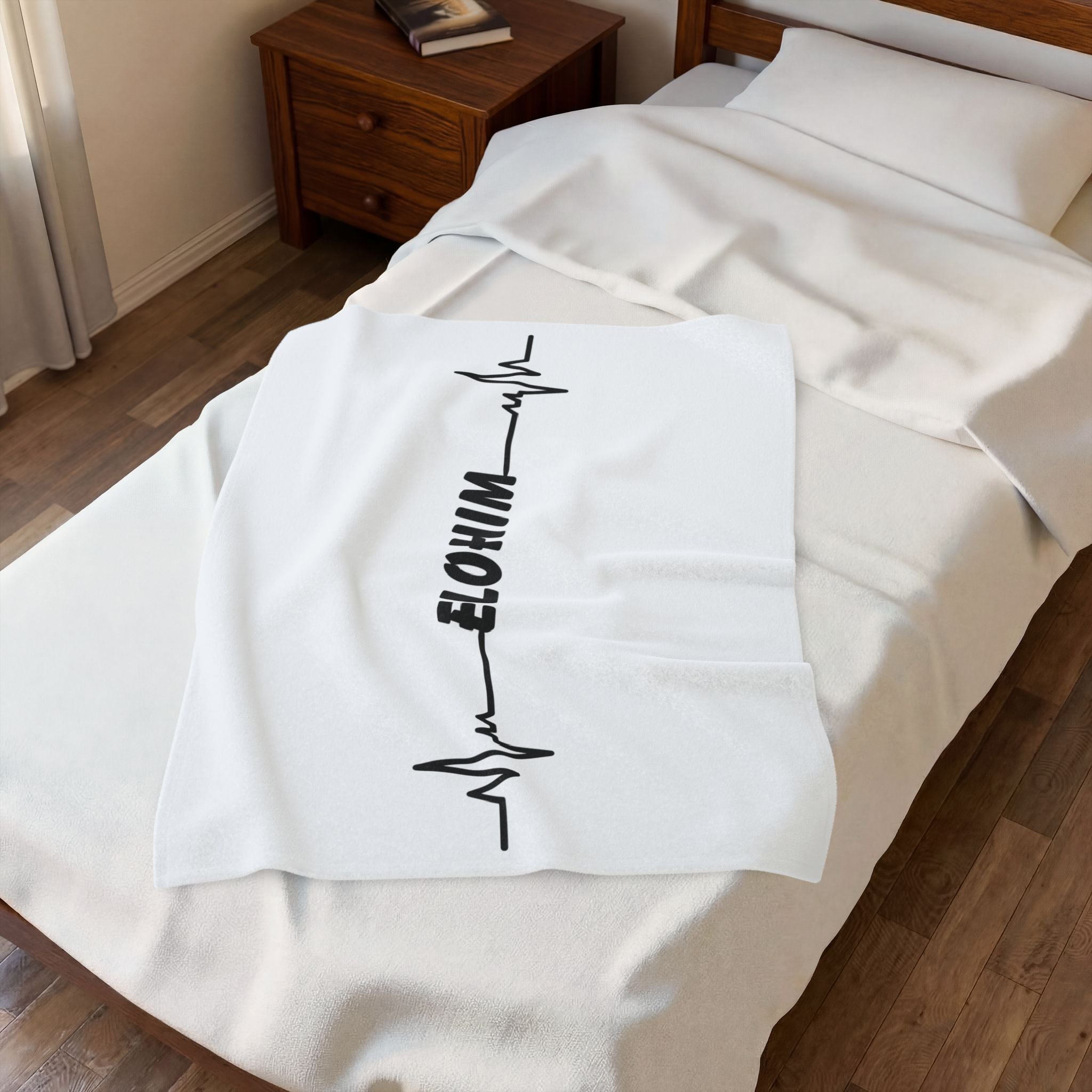 Velveteen Plush Blanket — Minimal 'ELOHIM' Heartbeat Design, Soft Cozy Throw for Home & Gift