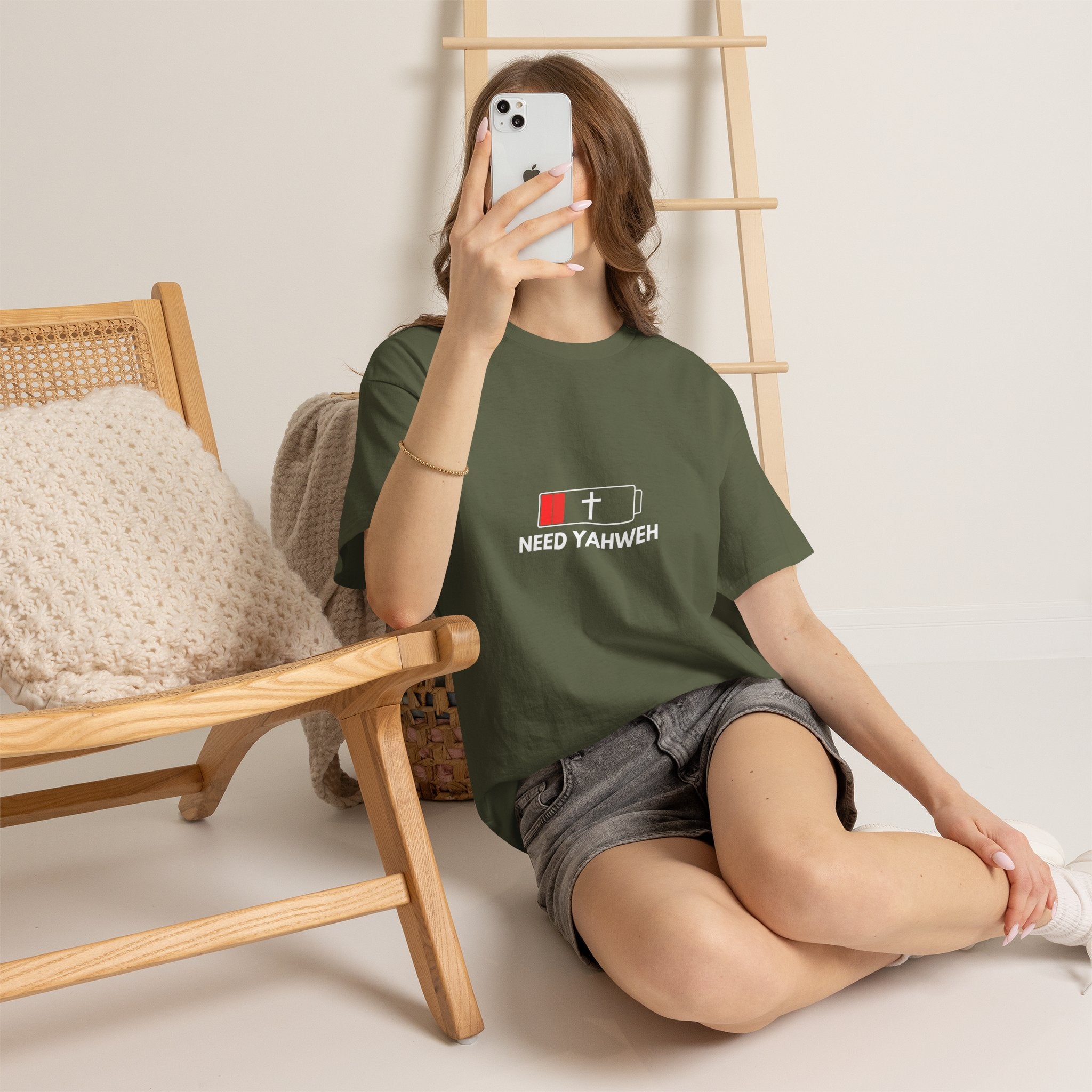 Christian T-Shirt - Low Battery Cross Design "Need Yahweh" Faith Tee