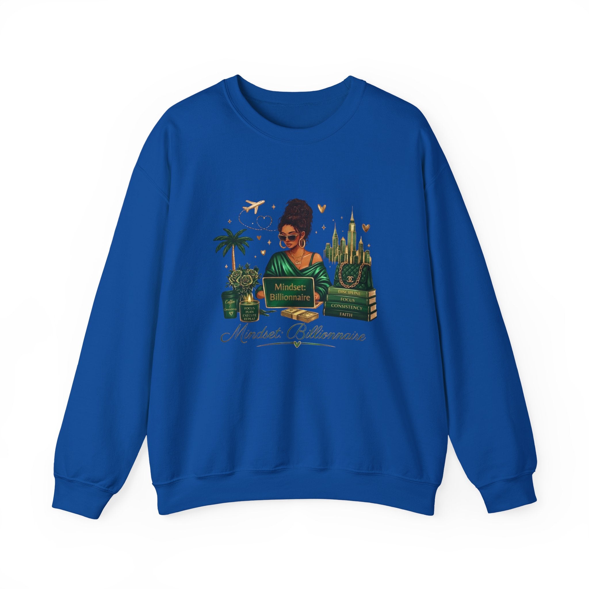 Crewneck Sweatshirt — Mindset Billionaire Graphic (Women Empowerment, Green Luxe)