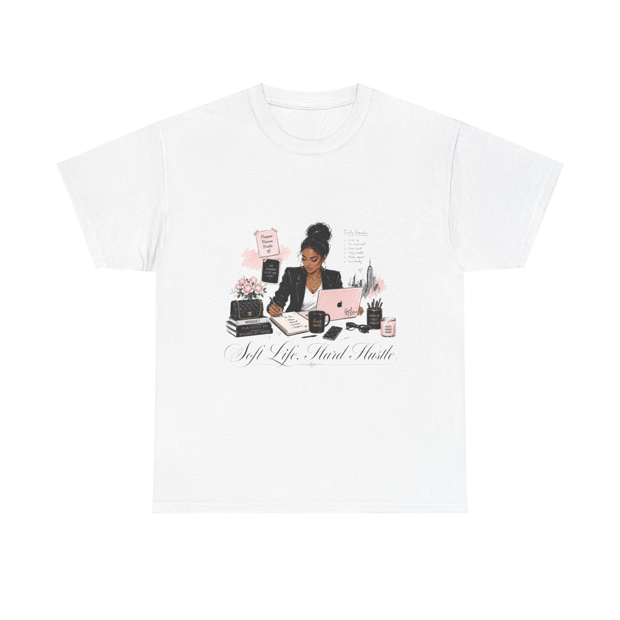 T-Shirt — Girl Boss Desk Art Tee (Soft Pink "Life. Less. Hustle" Design)