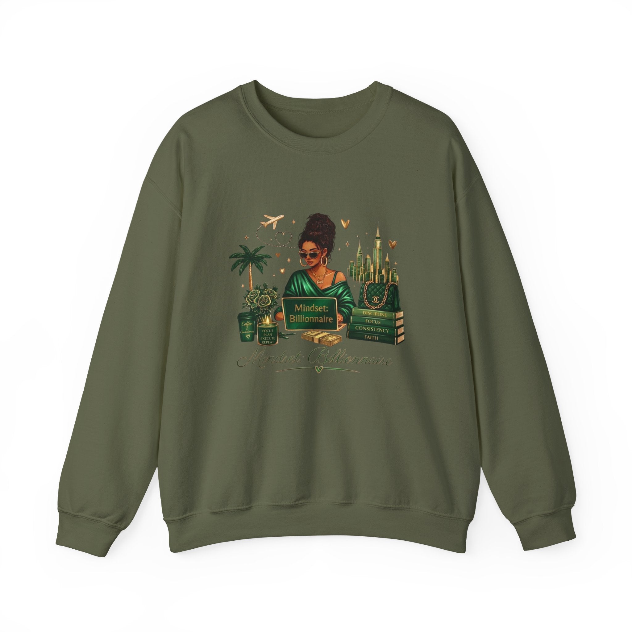 Crewneck Sweatshirt — Mindset Billionaire Graphic (Women Empowerment, Green Luxe)