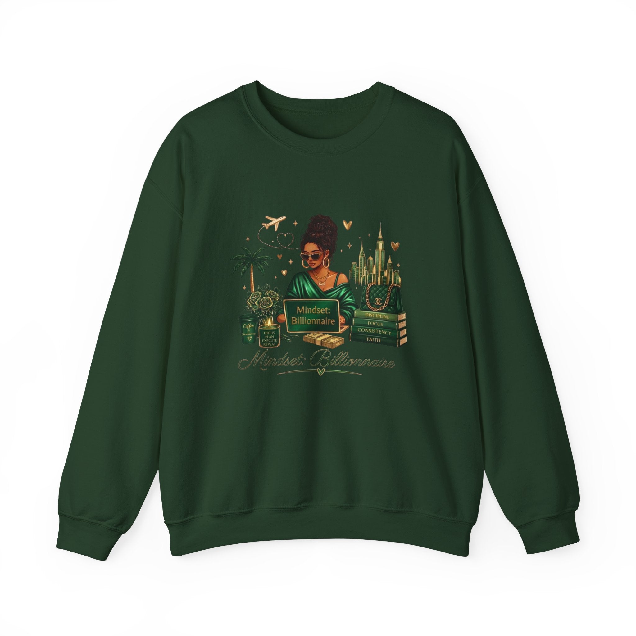 Crewneck Sweatshirt — Mindset Billionaire Graphic (Women Empowerment, Green Luxe)