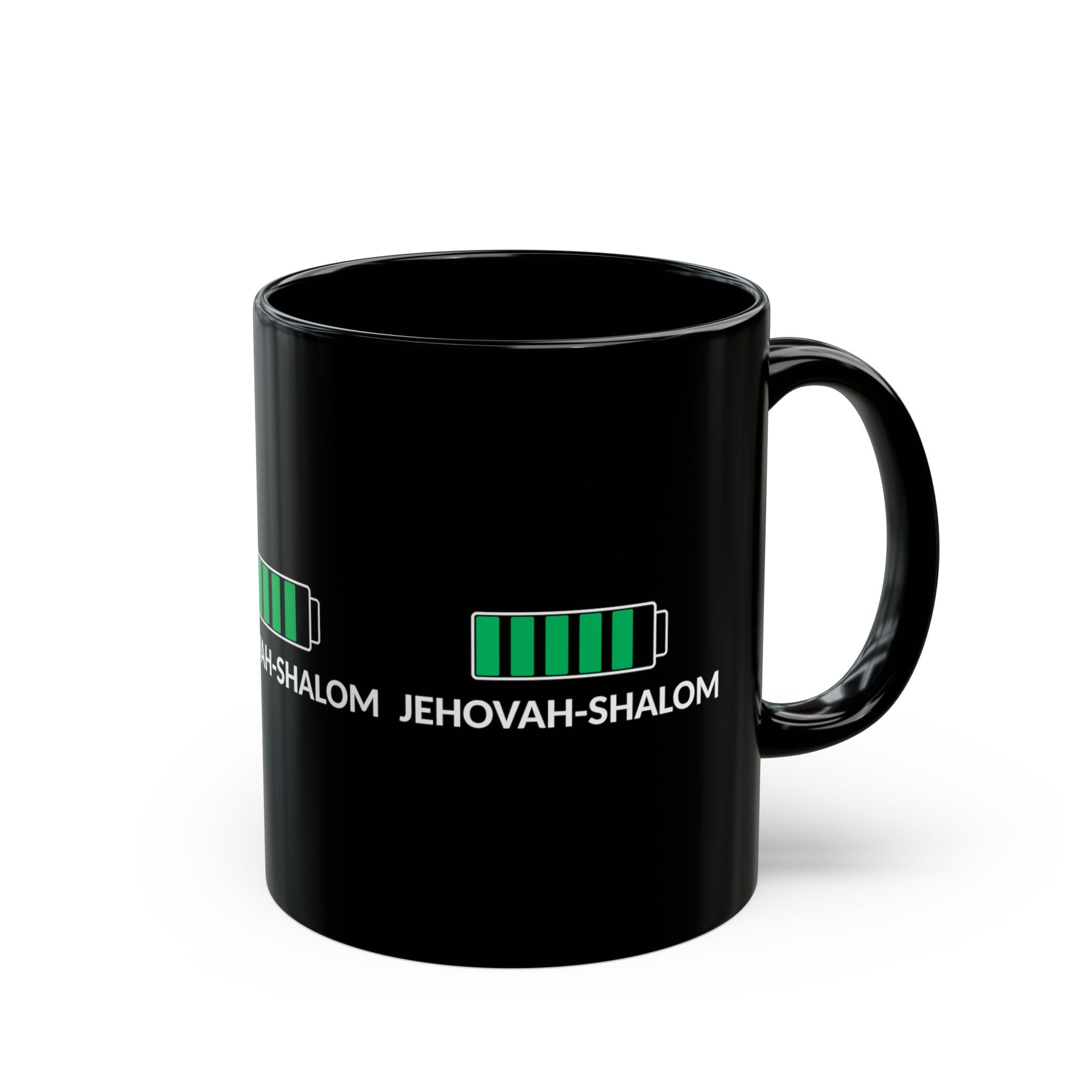 Jehovah-Shalom Battery Charge Black Mug — Faith & Energy Coffee Cup
