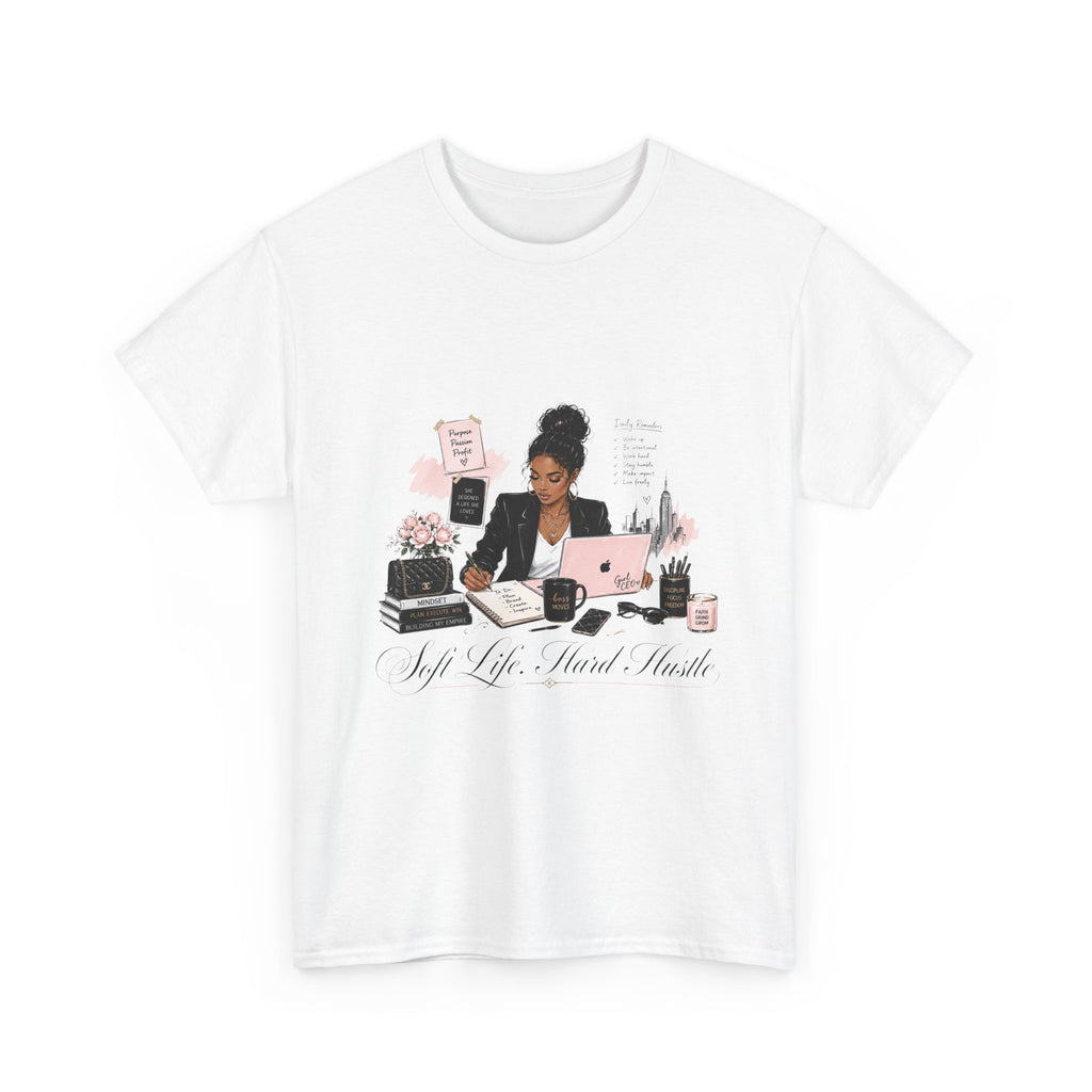 T-Shirt — Girl Boss Desk Art Tee (Soft Pink "Life. Less. Hustle" Design)