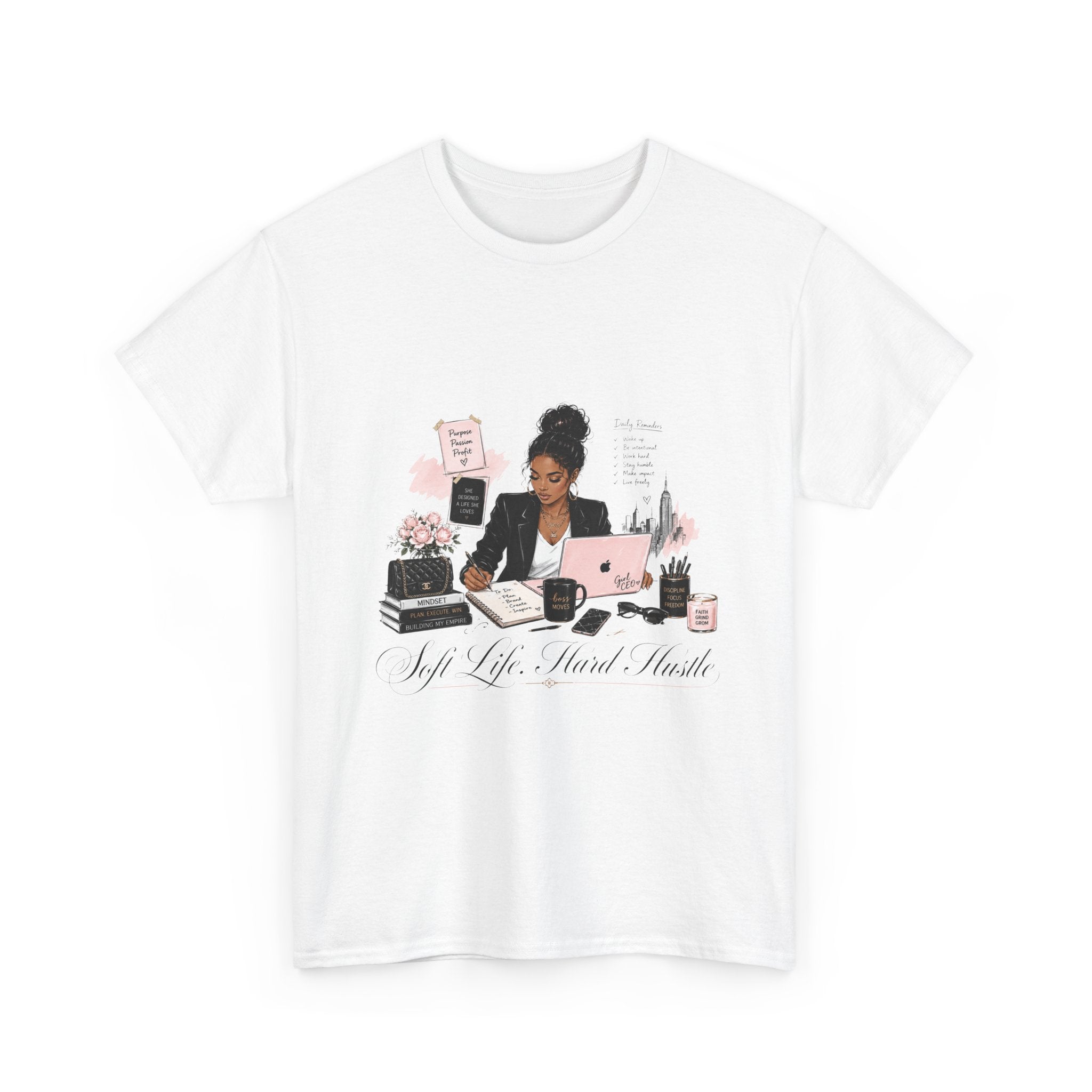 T-Shirt — Girl Boss Desk Art Tee (Soft Pink "Life. Less. Hustle" Design)