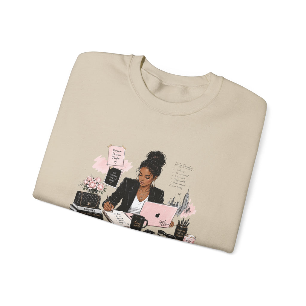 Crewneck Sweatshirt — Girl Boss Desk Illustration (“My Life, Mental Health”)