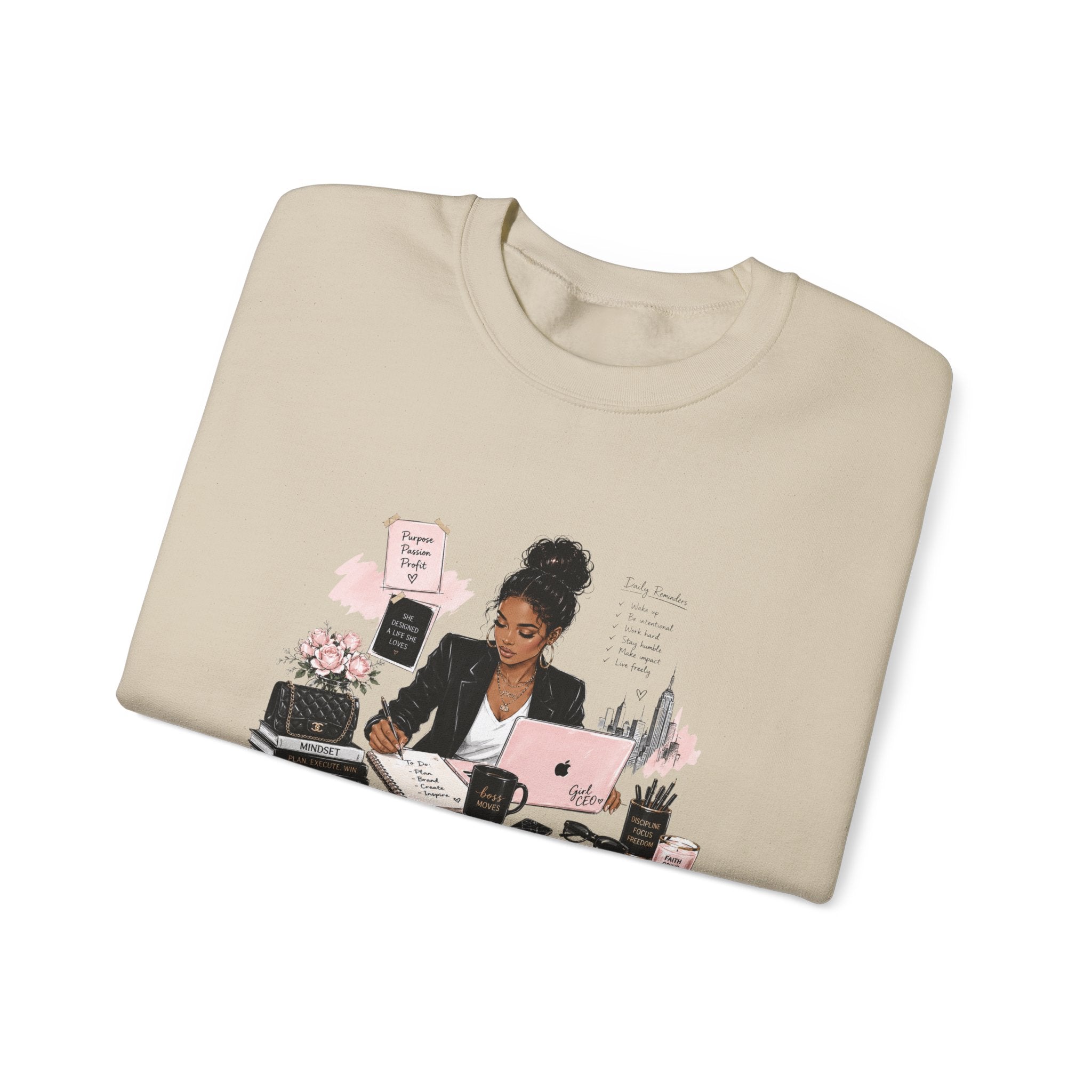 Crewneck Sweatshirt — Girl Boss Desk Illustration (“My Life, Mental Health”)