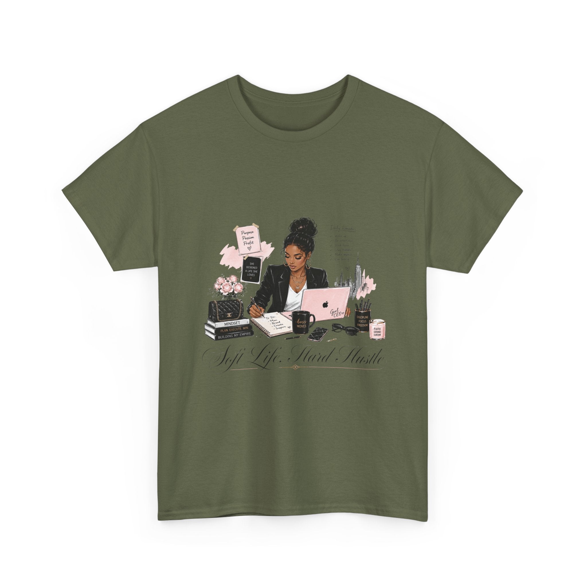 T-Shirt — Girl Boss Desk Art Tee (Soft Pink "Life. Less. Hustle" Design)