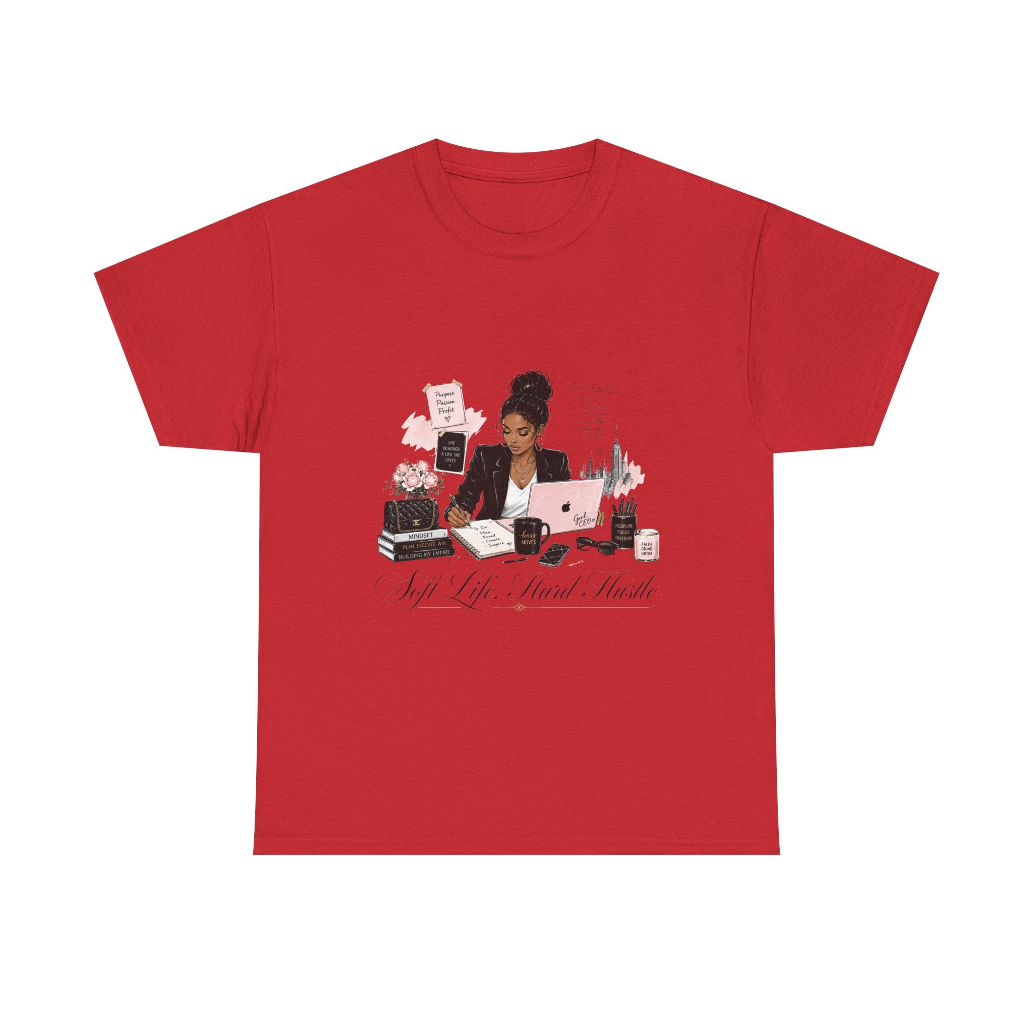 T-Shirt — Girl Boss Desk Art Tee (Soft Pink "Life. Less. Hustle" Design)