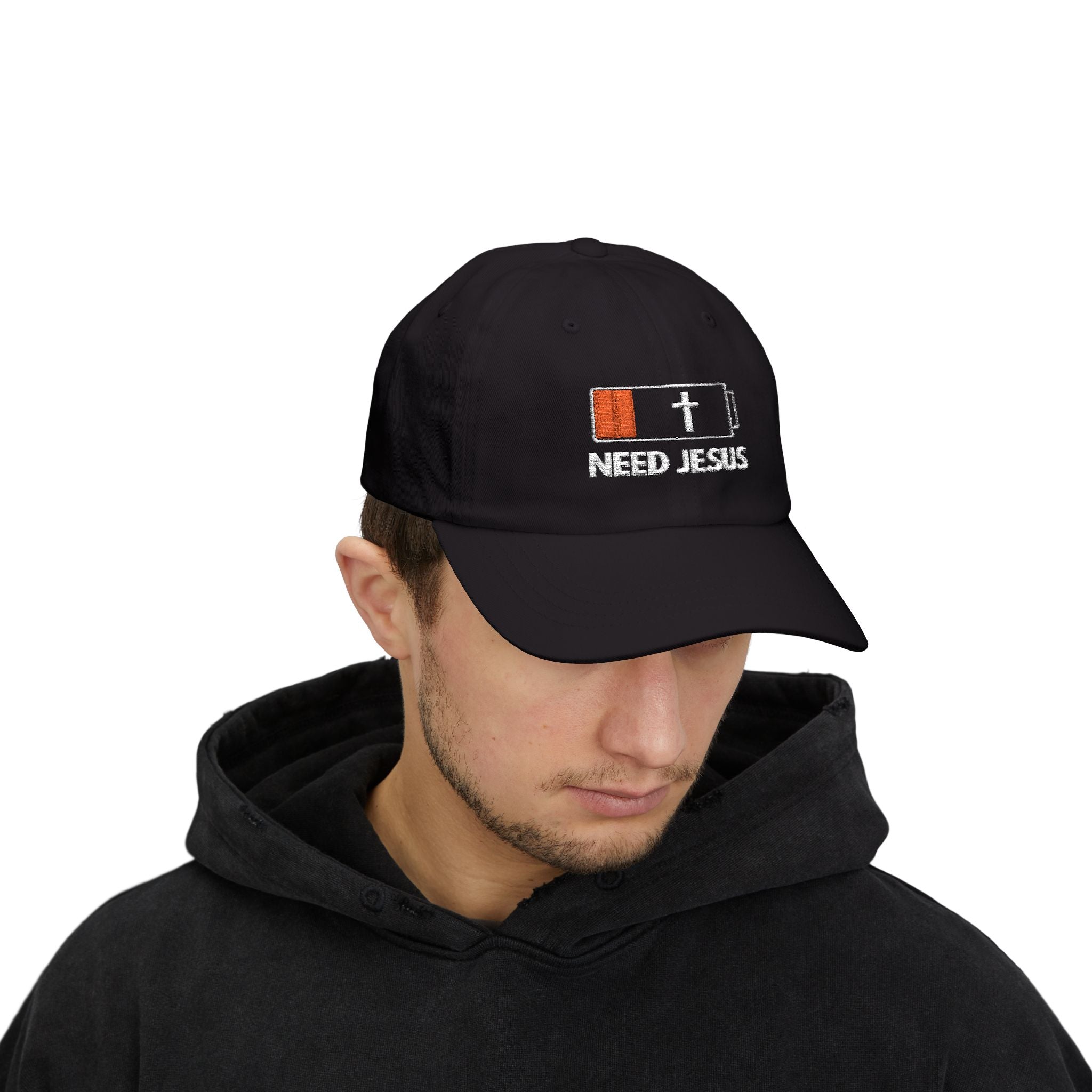 Dad Cap — Low Battery Cross 'Need Jesus' Embroidered Christian Hat
