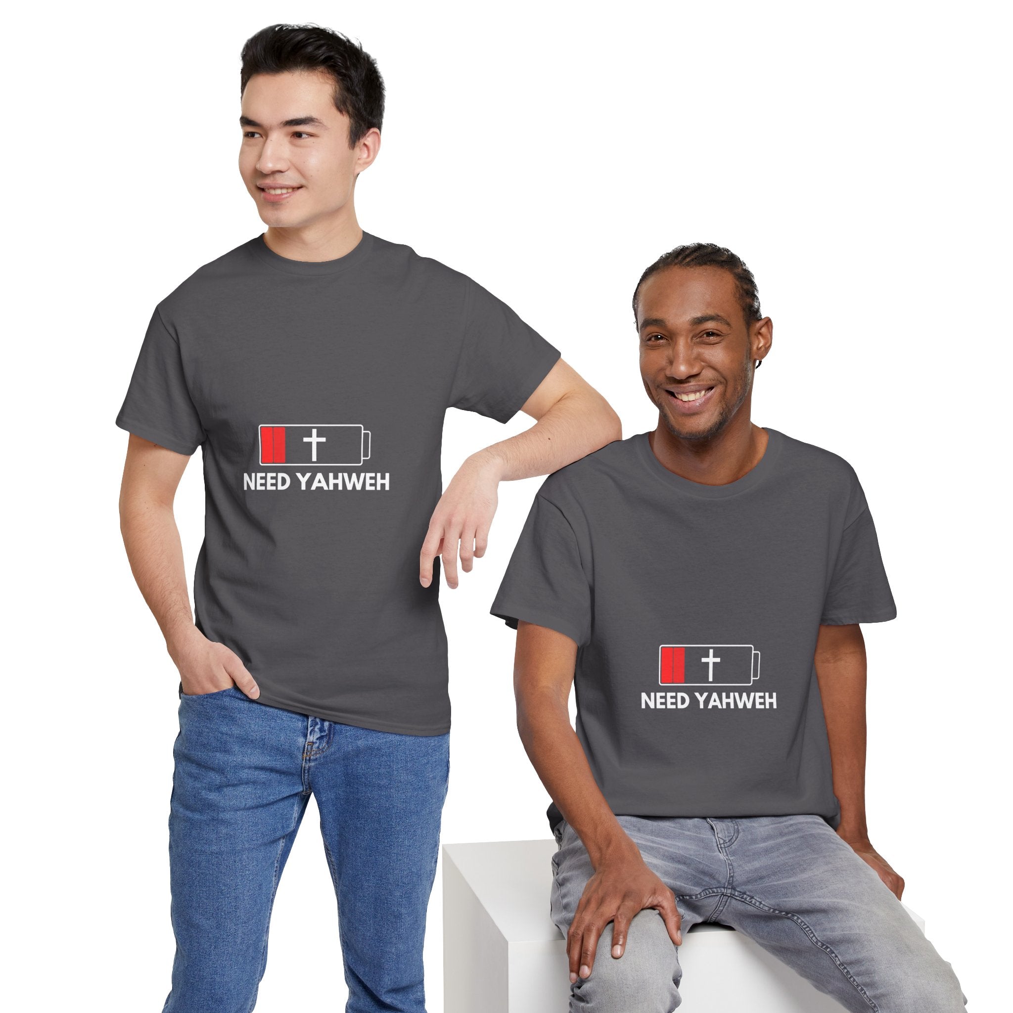 Christian T-Shirt - Low Battery Cross Design "Need Yahweh" Faith Tee