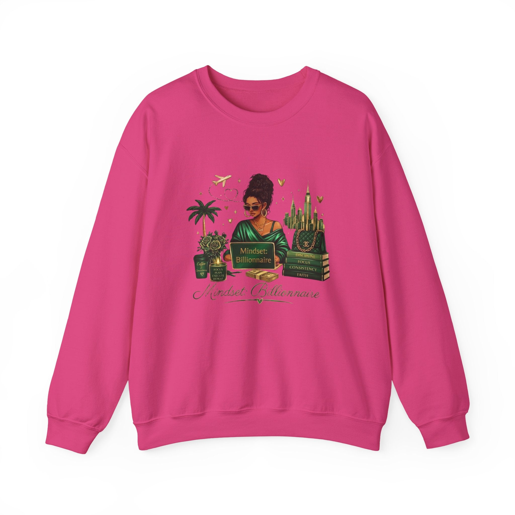 Crewneck Sweatshirt — Mindset Billionaire Graphic (Women Empowerment, Green Luxe)