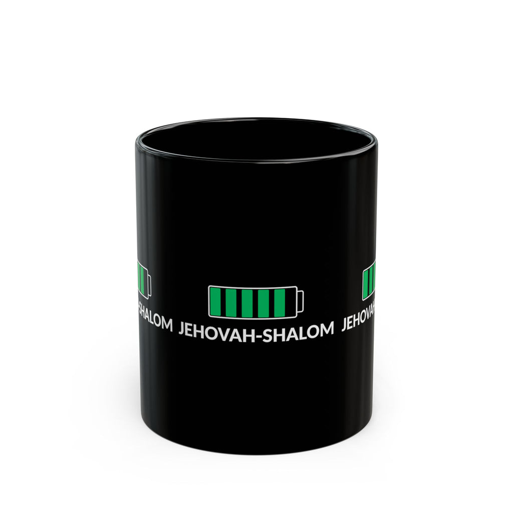 Jehovah-Shalom Battery Charge Black Mug — Faith & Energy Coffee Cup