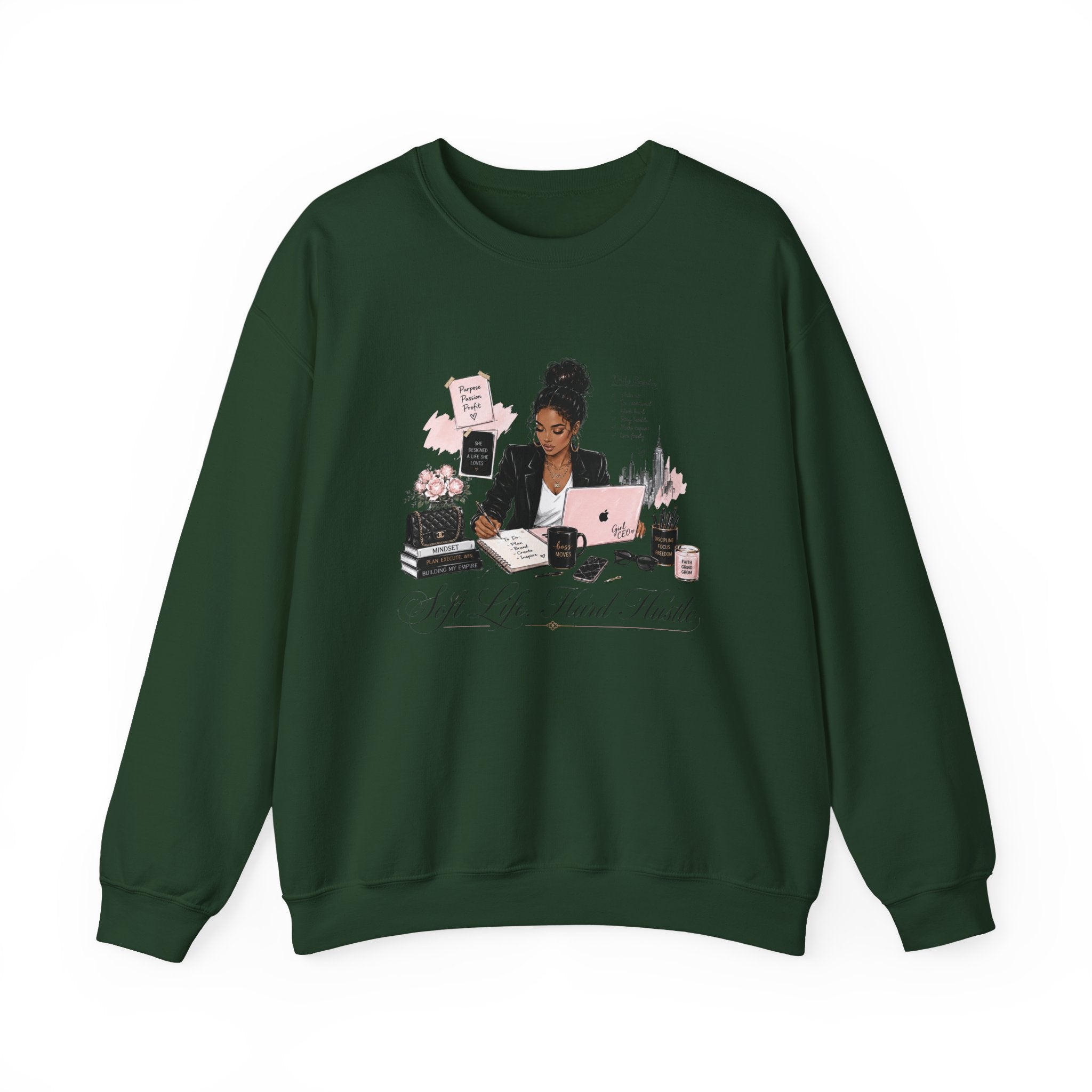 Crewneck Sweatshirt — Girl Boss Desk Illustration (“My Life, Mental Health”)