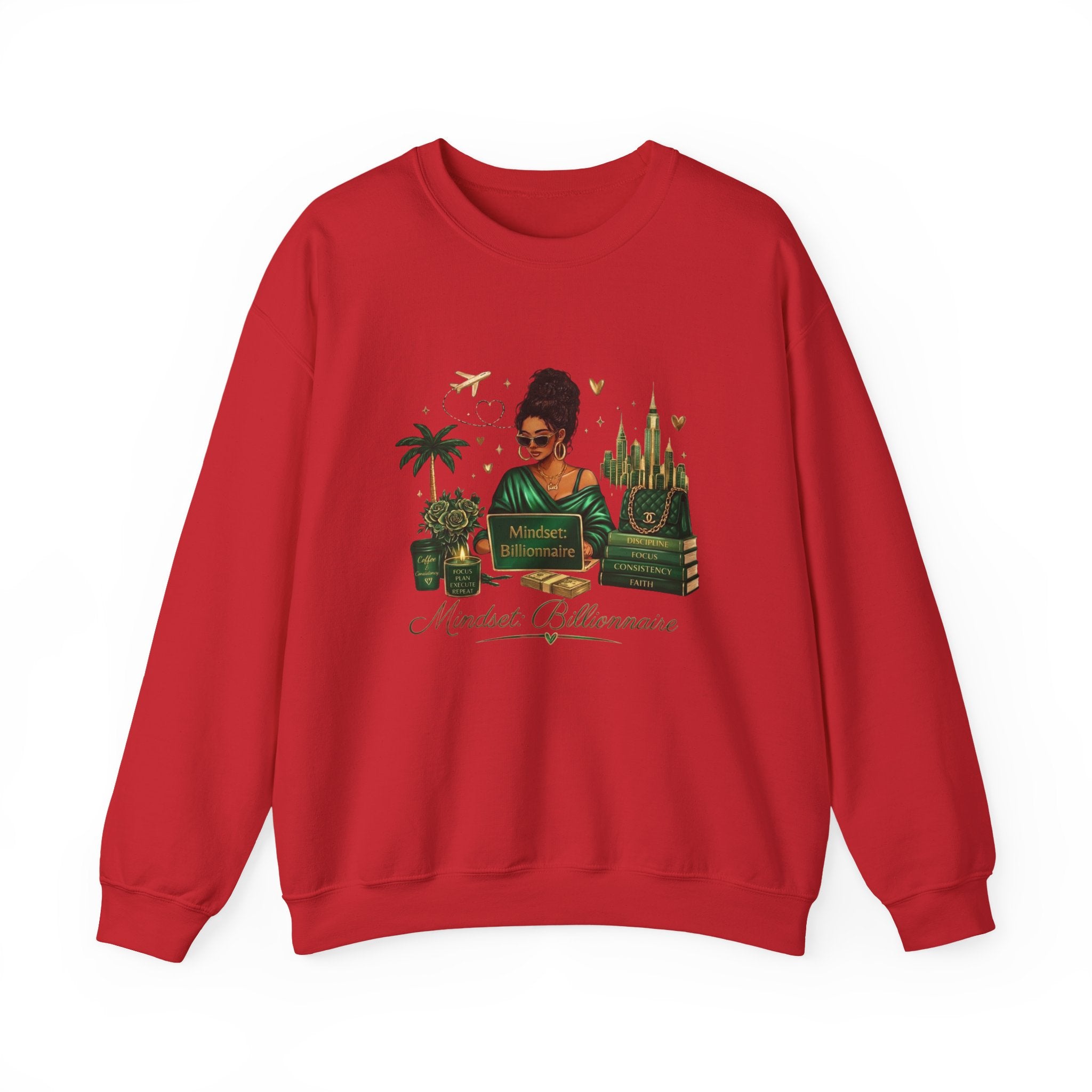 Crewneck Sweatshirt — Mindset Billionaire Graphic (Women Empowerment, Green Luxe)