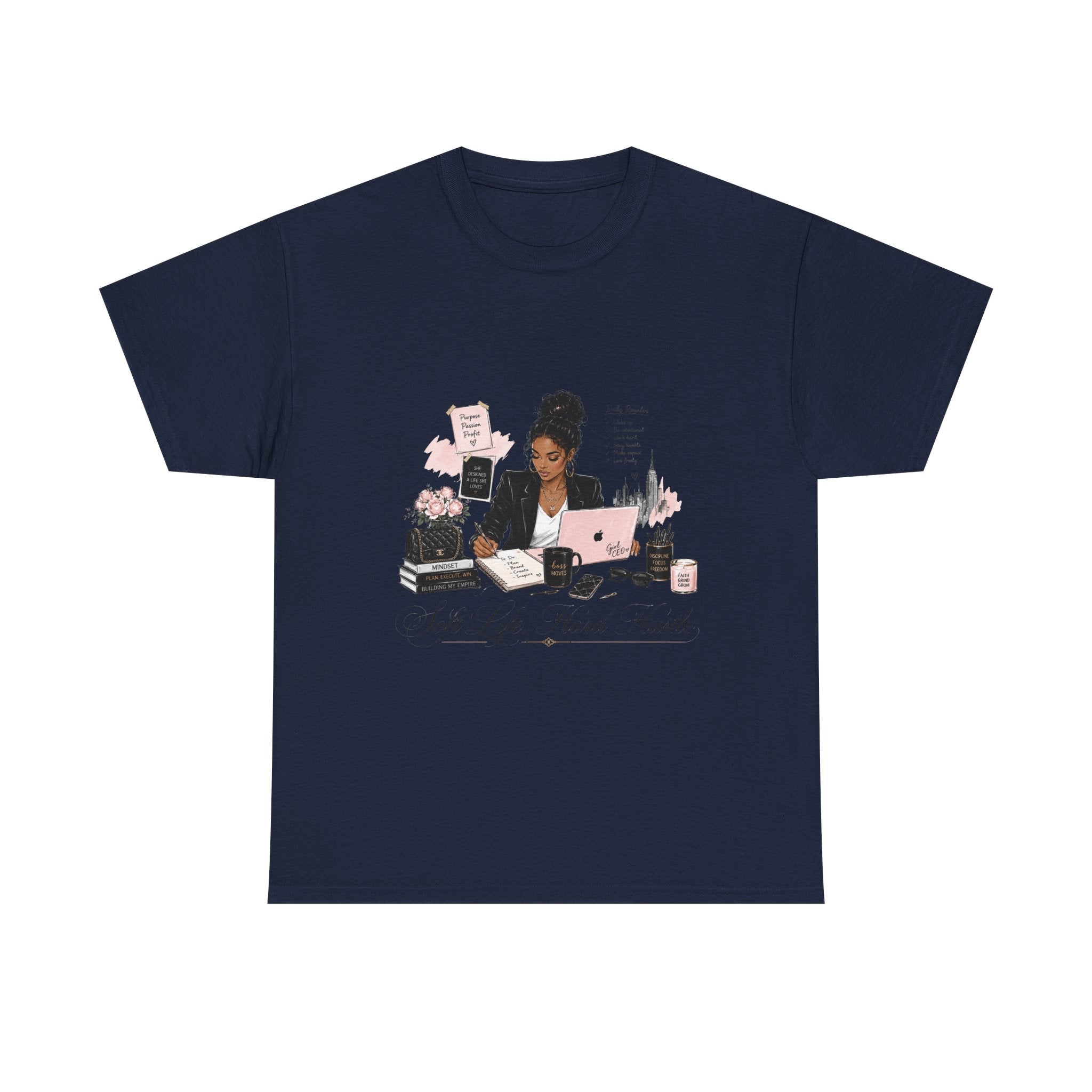 T-Shirt — Girl Boss Desk Art Tee (Soft Pink "Life. Less. Hustle" Design)