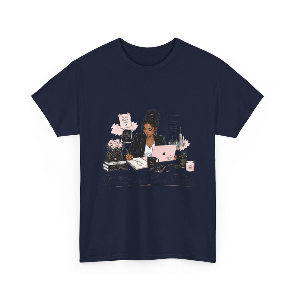 T-Shirt — Girl Boss Desk Art Tee (Soft Pink "Life. Less. Hustle" Design)