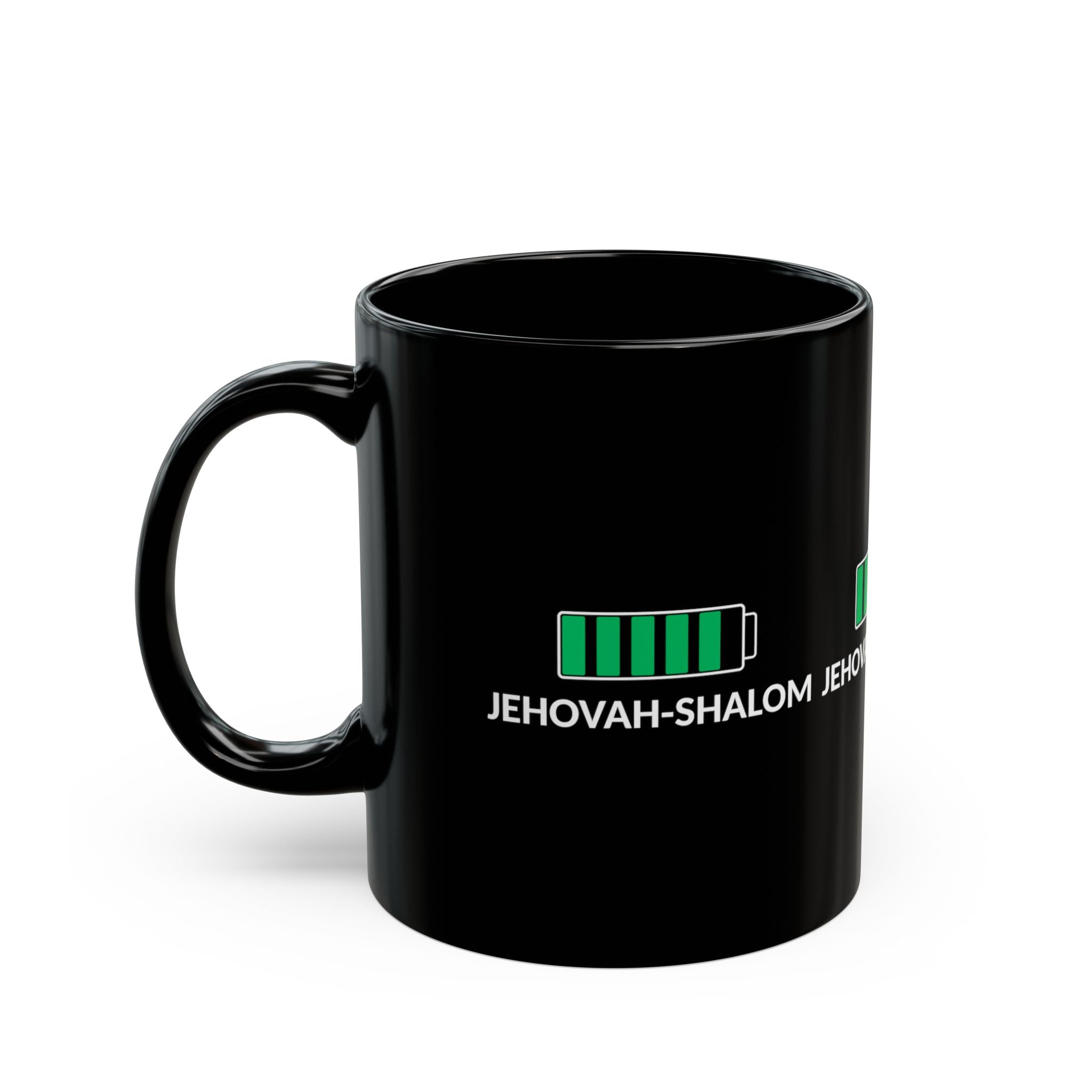Jehovah-Shalom Battery Charge Black Mug — Faith & Energy Coffee Cup