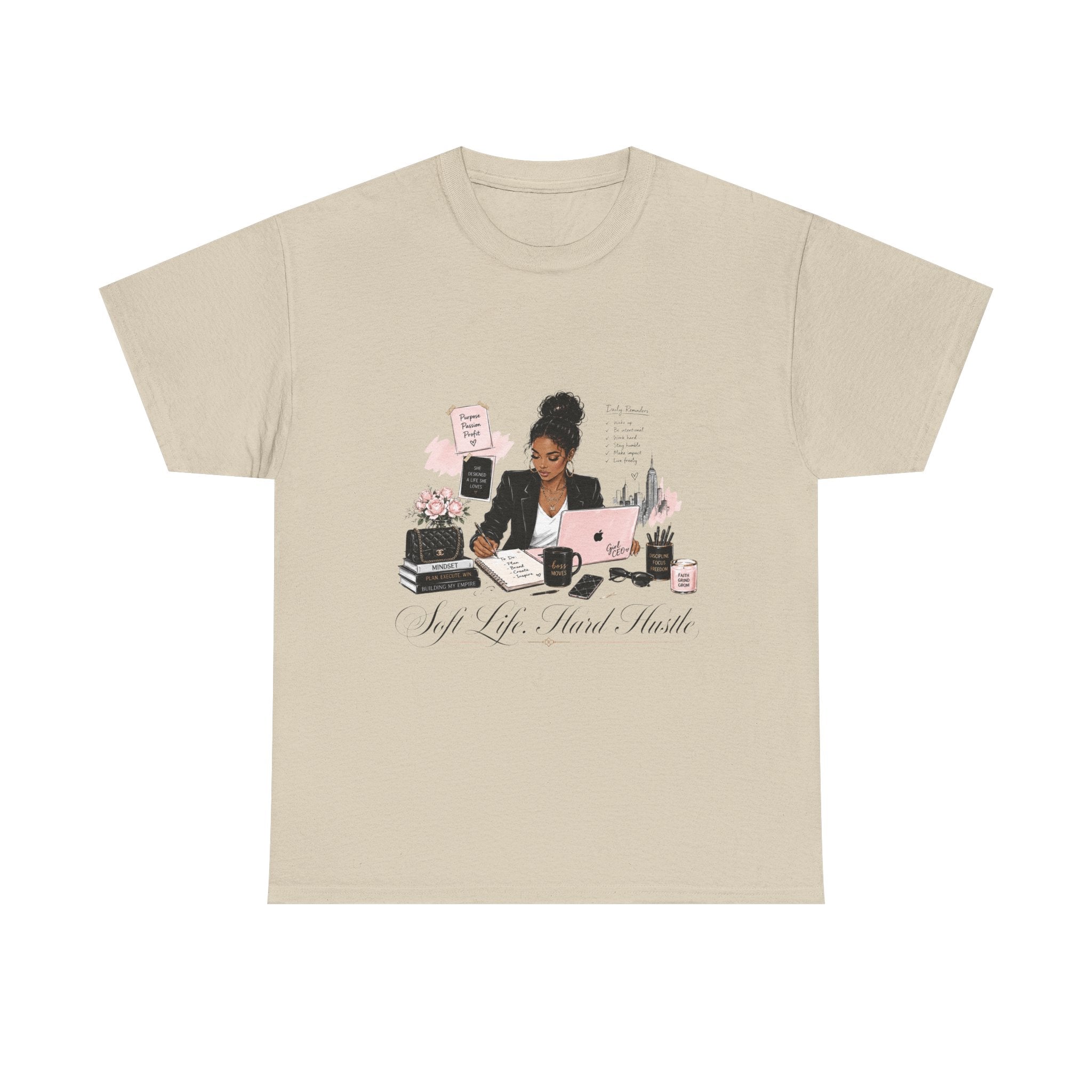 T-Shirt — Girl Boss Desk Art Tee (Soft Pink "Life. Less. Hustle" Design)