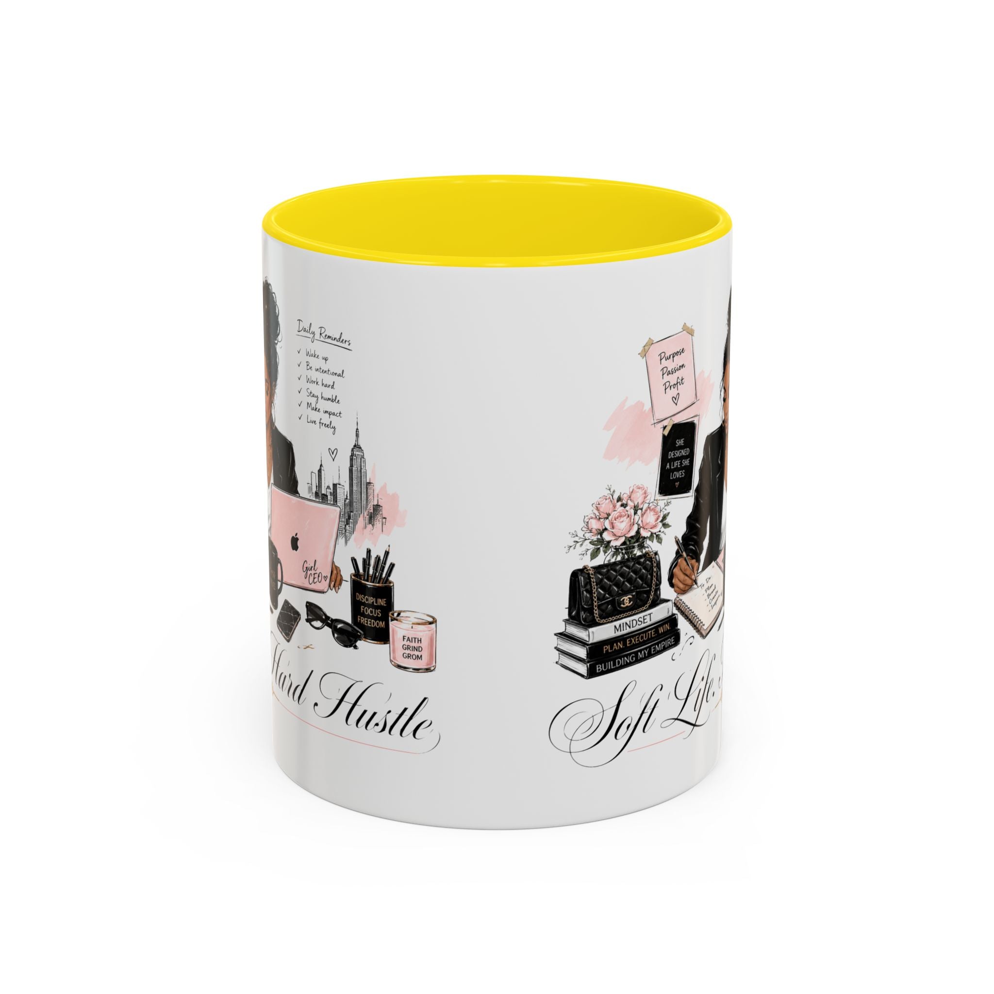 Soft Life, Hard Hustle Accent Coffee Mug – Pink & Black Motivational Office Gift