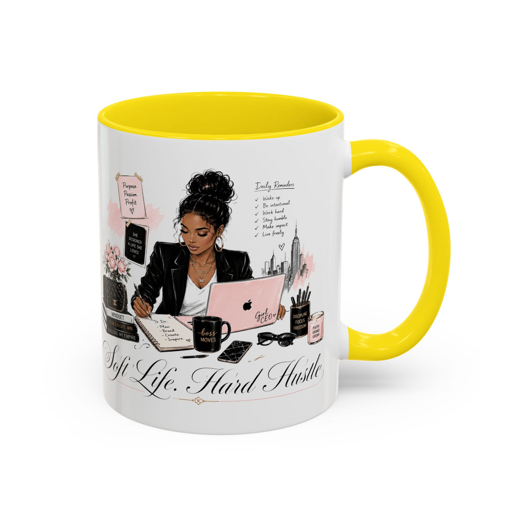 Soft Life, Hard Hustle Accent Coffee Mug – Pink & Black Motivational Office Gift