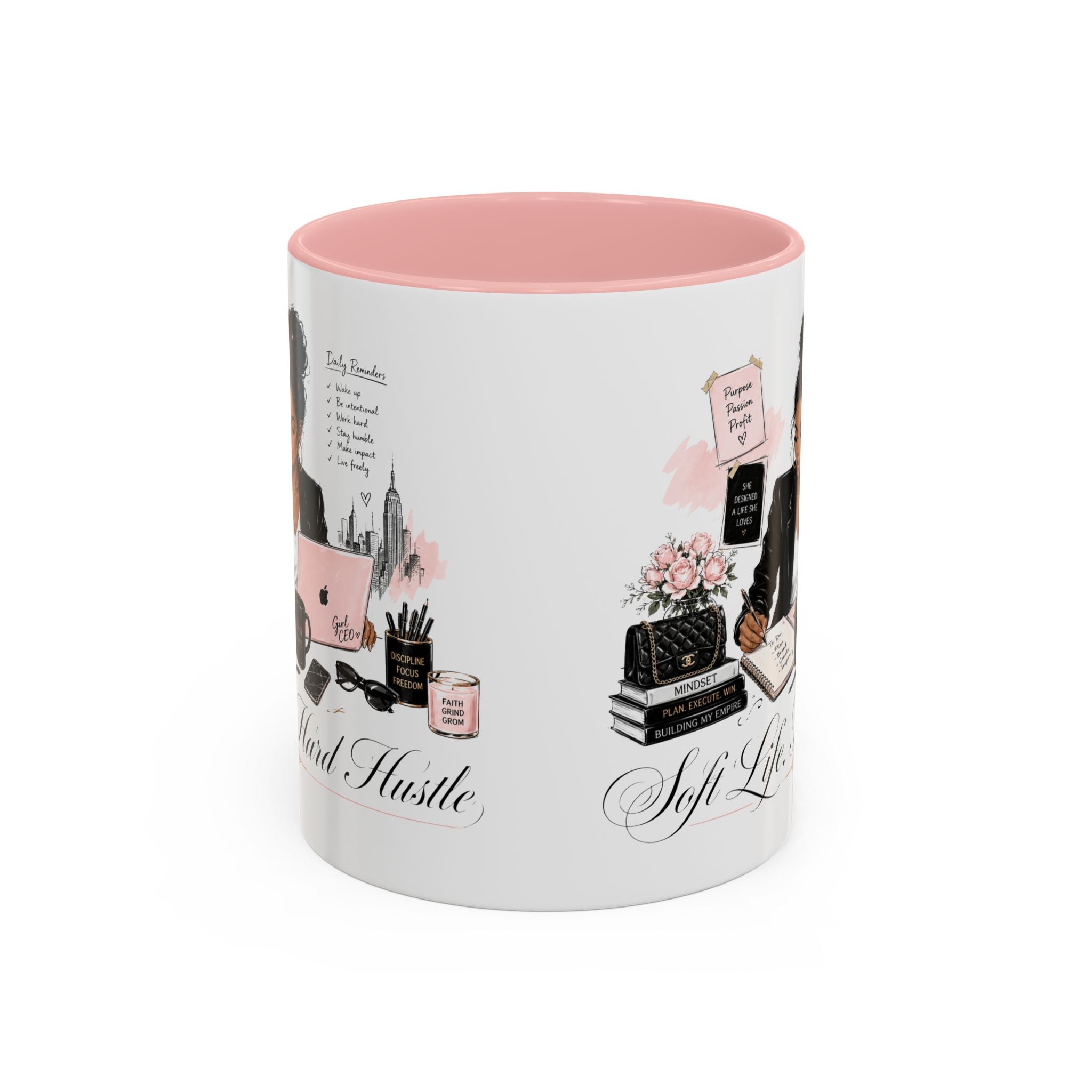 Soft Life, Hard Hustle Accent Coffee Mug – Pink & Black Motivational Office Gift
