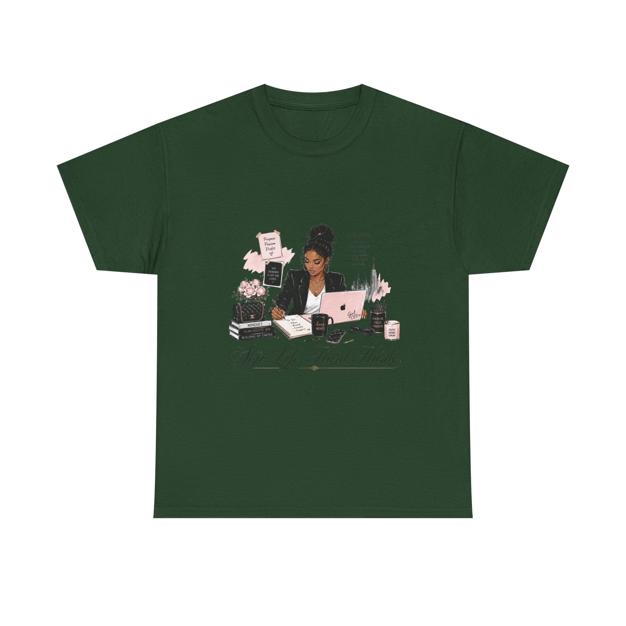T-Shirt — Girl Boss Desk Art Tee (Soft Pink "Life. Less. Hustle" Design)