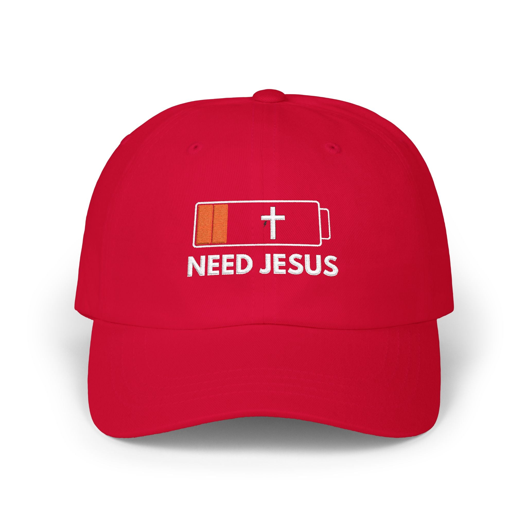 Dad Cap — Low Battery Cross 'Need Jesus' Embroidered Christian Hat