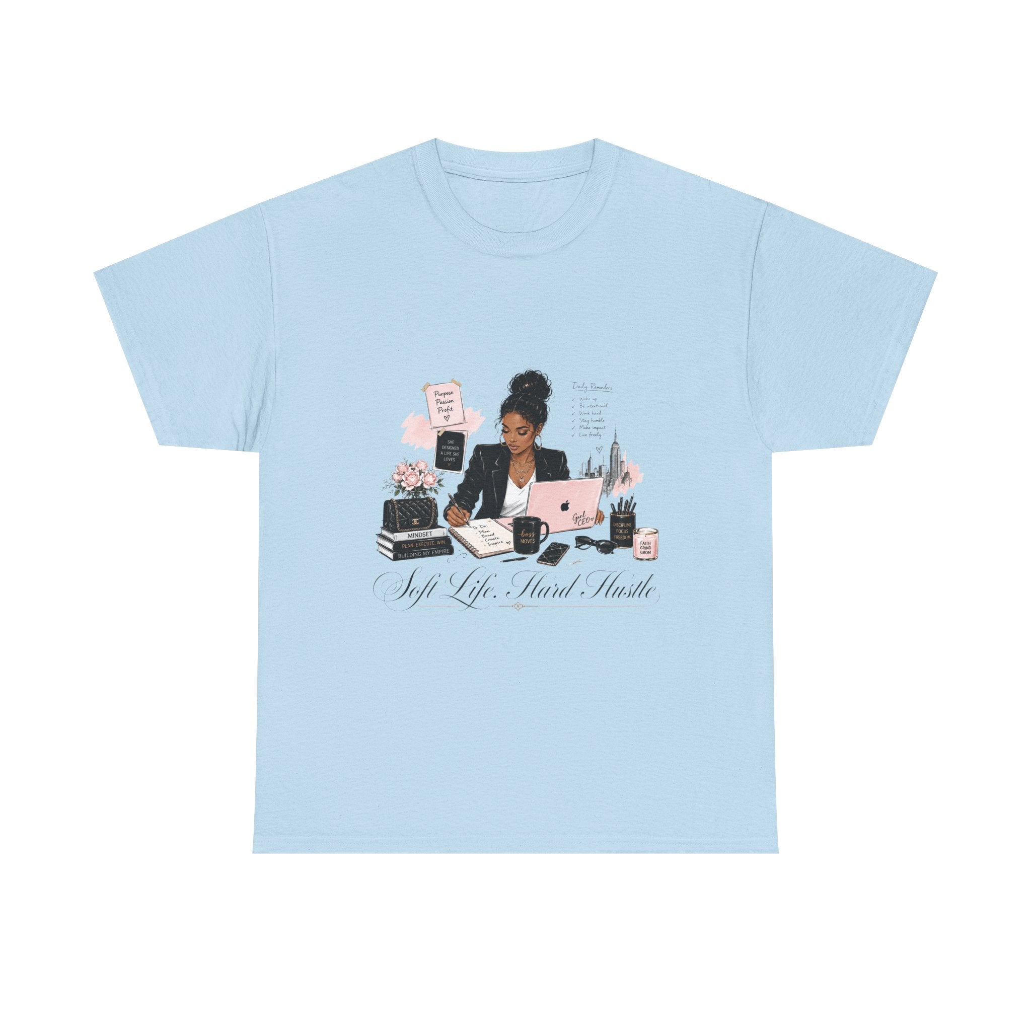 T-Shirt — Girl Boss Desk Art Tee (Soft Pink "Life. Less. Hustle" Design)