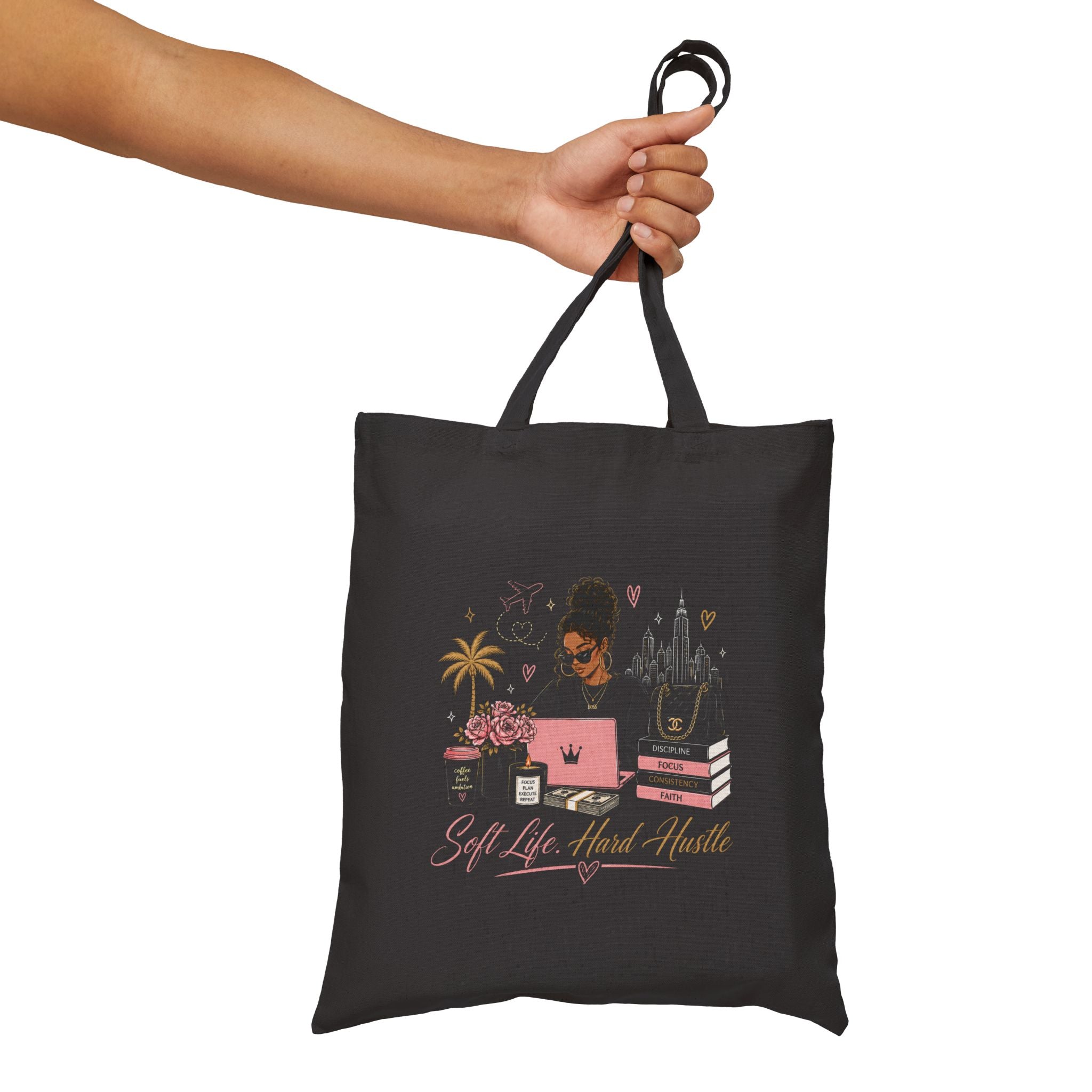 Tote Bag — "Soft Life, Hard Hustle" Black Canvas Tote for Women (Work, Study & Everyday)