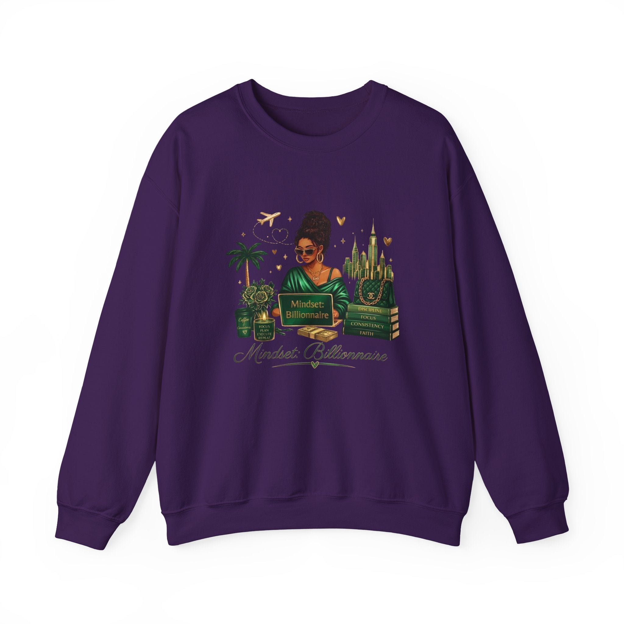 Crewneck Sweatshirt — Mindset Billionaire Graphic (Women Empowerment, Green Luxe)