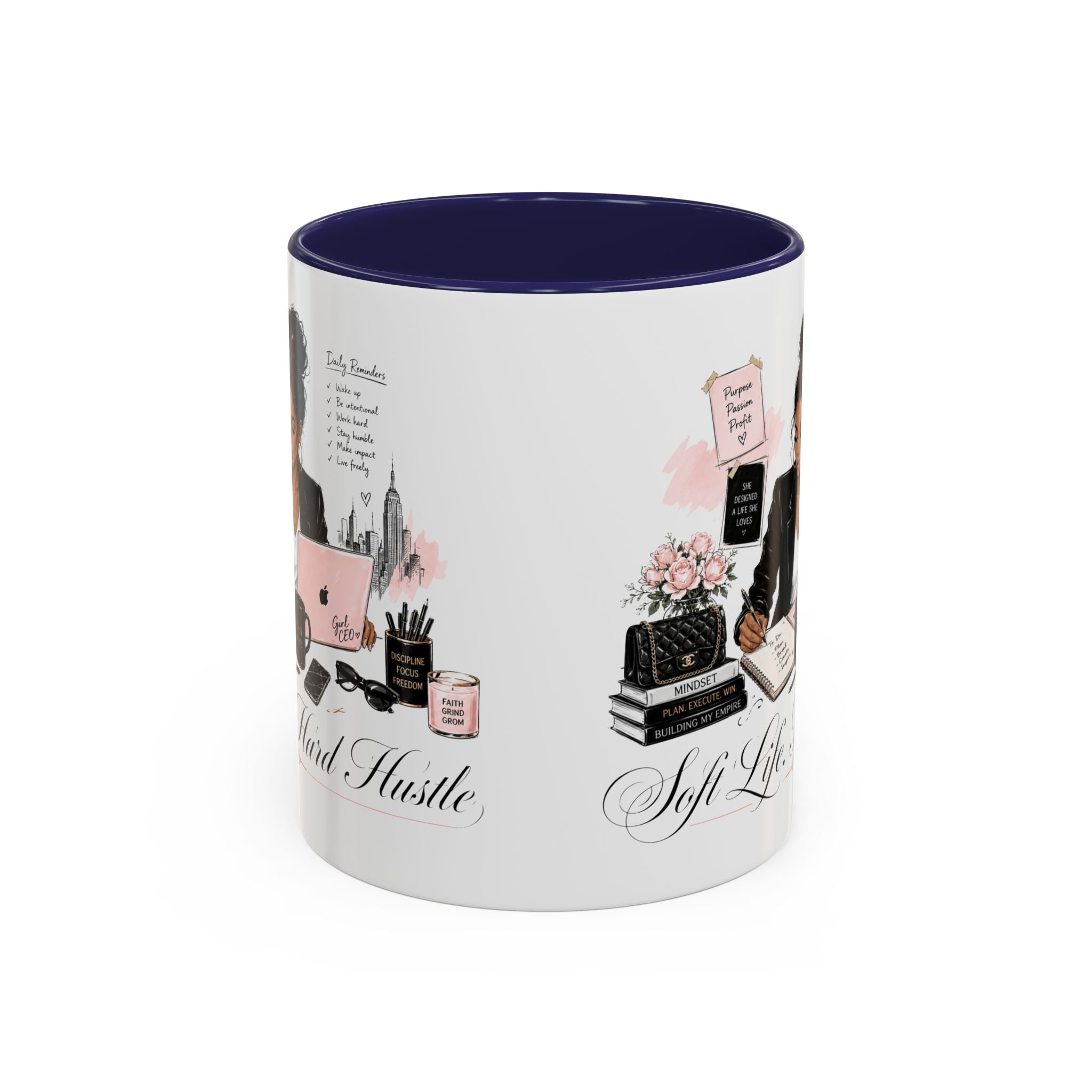 Soft Life, Hard Hustle Accent Coffee Mug – Pink & Black Motivational Office Gift