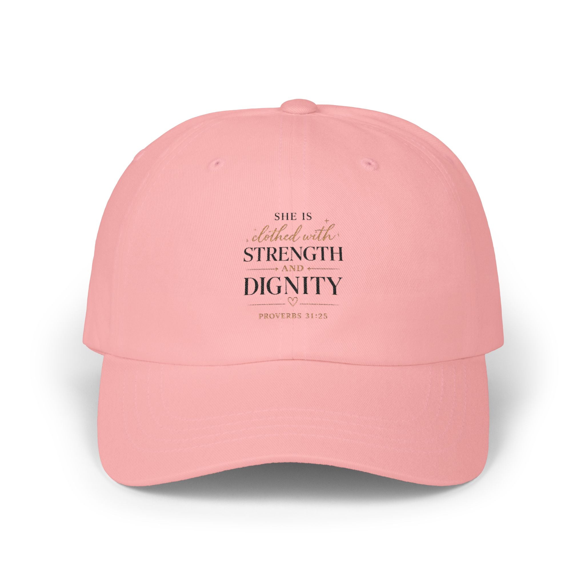 She Is Clothed in Strength and Dignity Dad Cap — Bible Verse Inspirational Hat