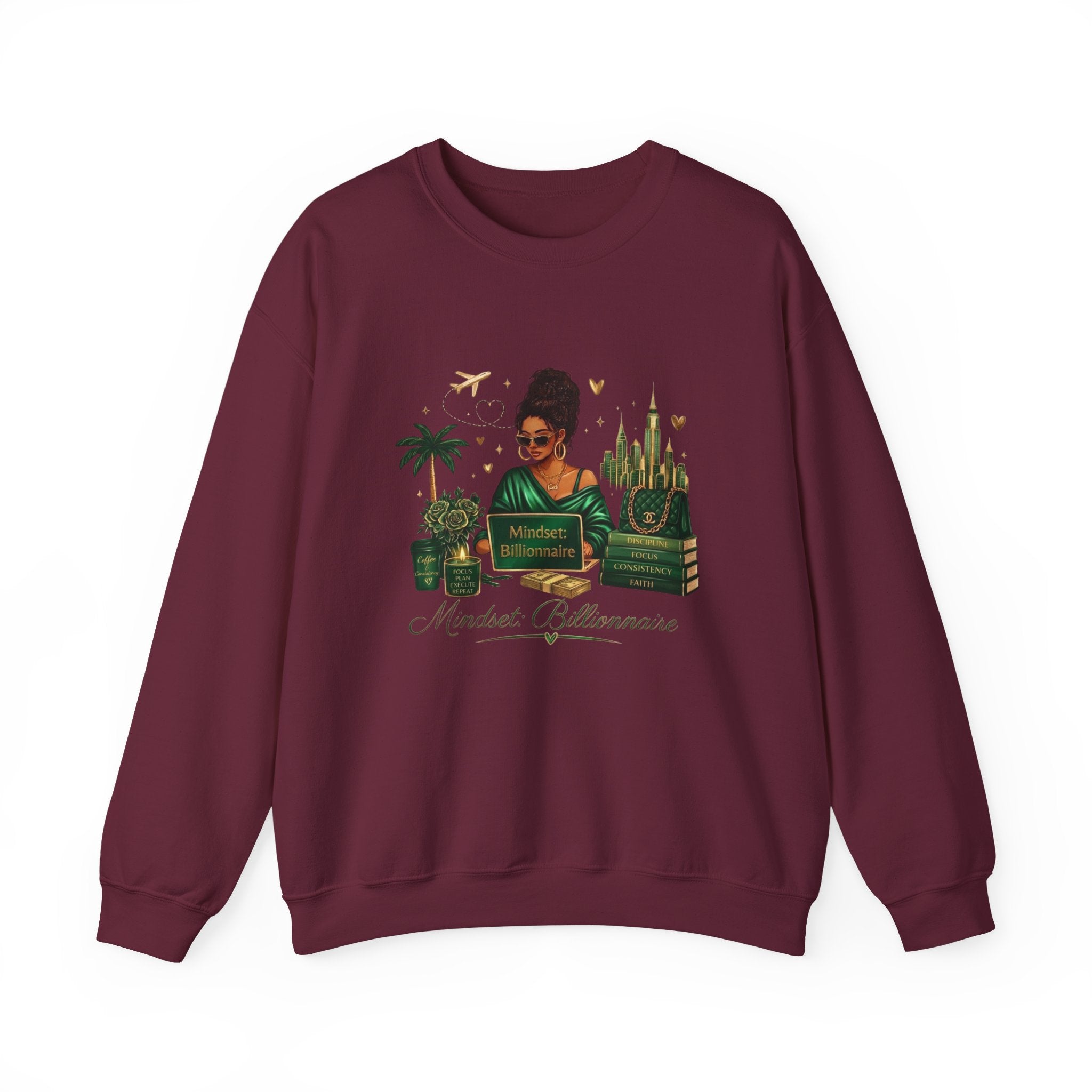 Crewneck Sweatshirt — Mindset Billionaire Graphic (Women Empowerment, Green Luxe)