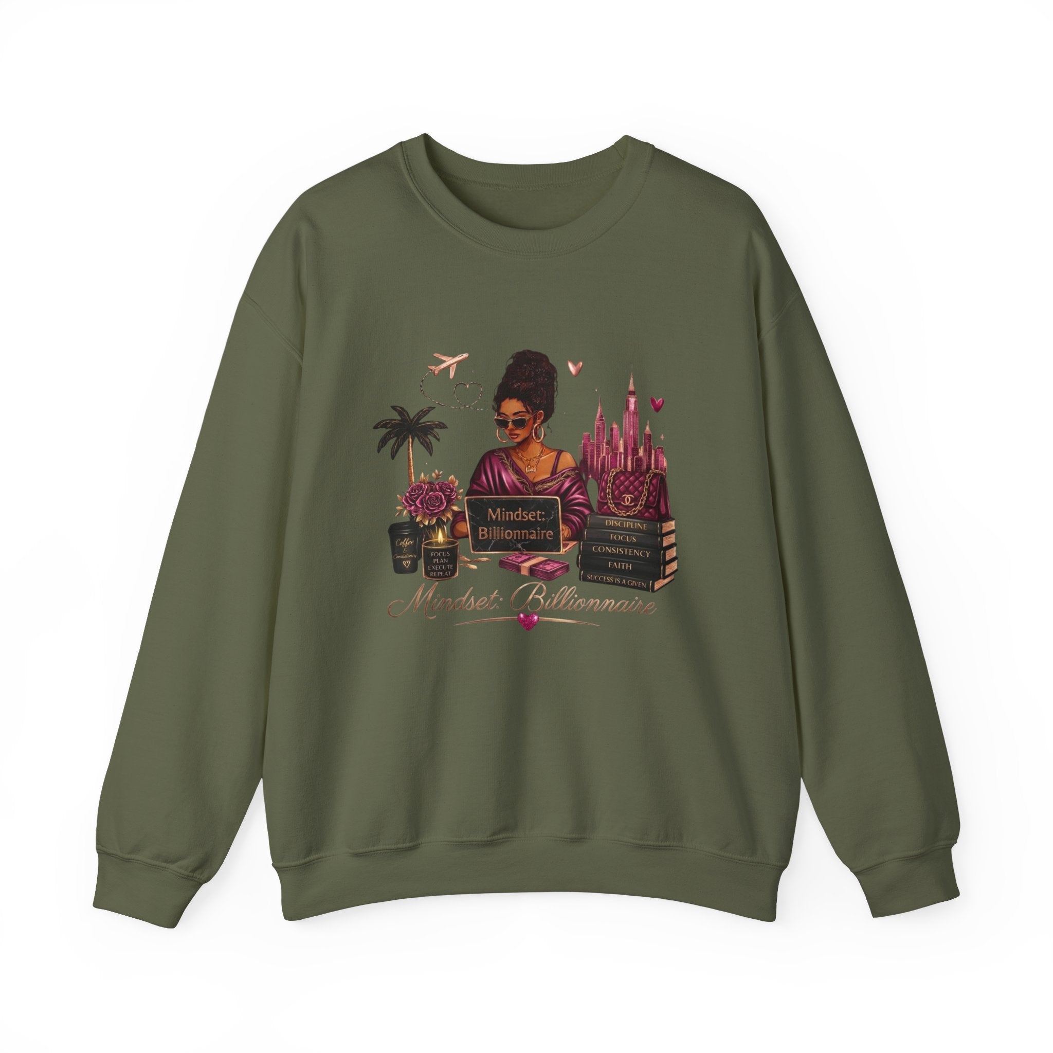 Crewneck Sweatshirt — Mindset Millionaire Graphic (Woman, Books & Travel)
