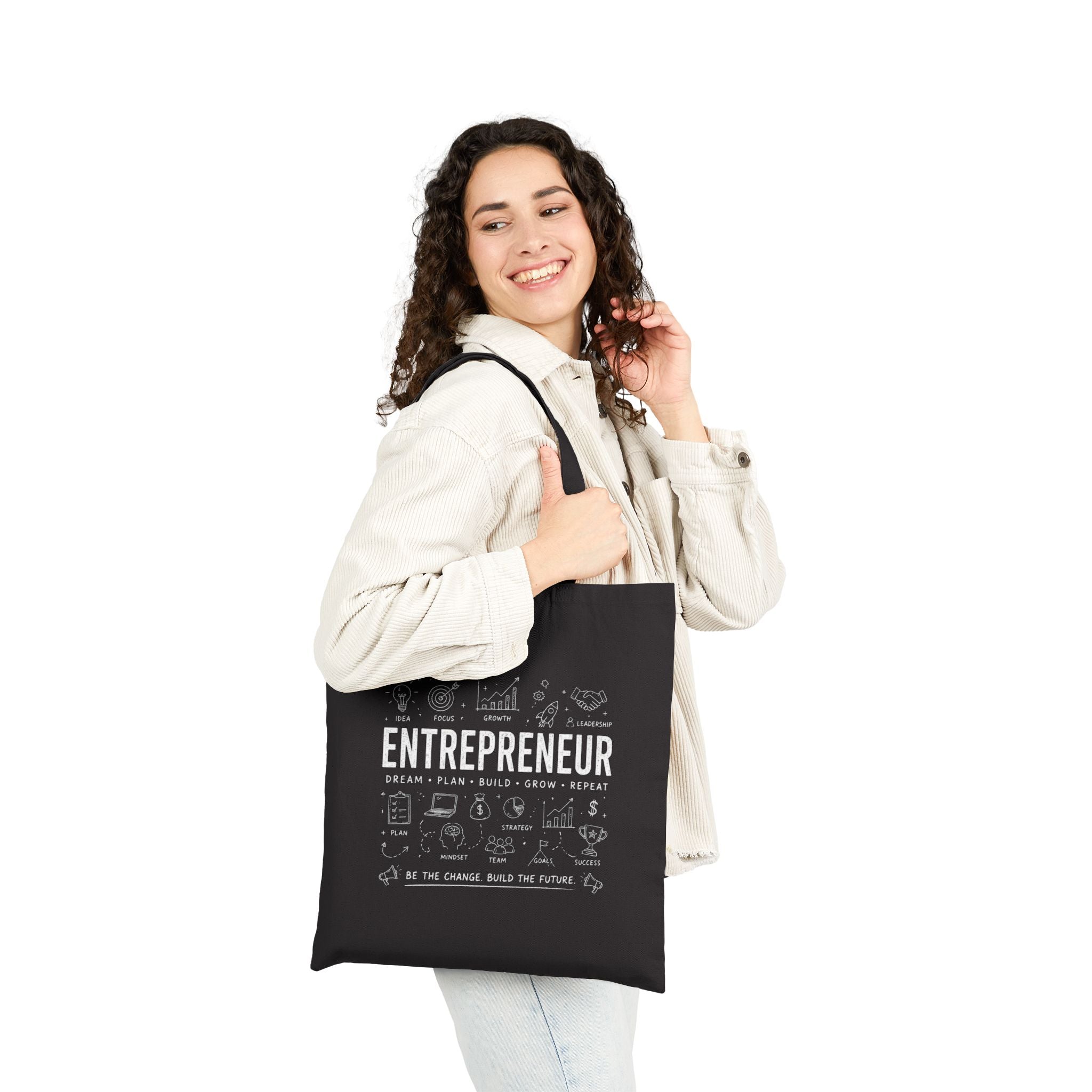 Entrepreneur Canvas Tote Bag — Motivational Business Icons "Dream Plan Build Grow Repeat"